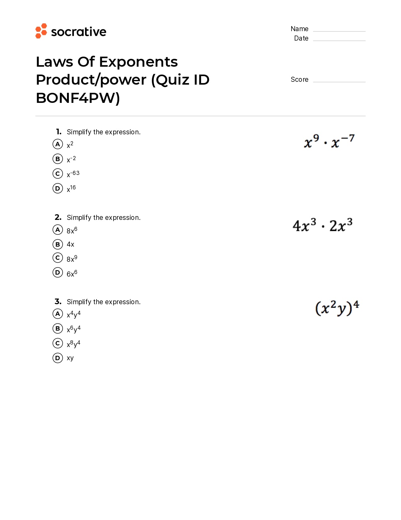 Laws Of Exponents Product/Power