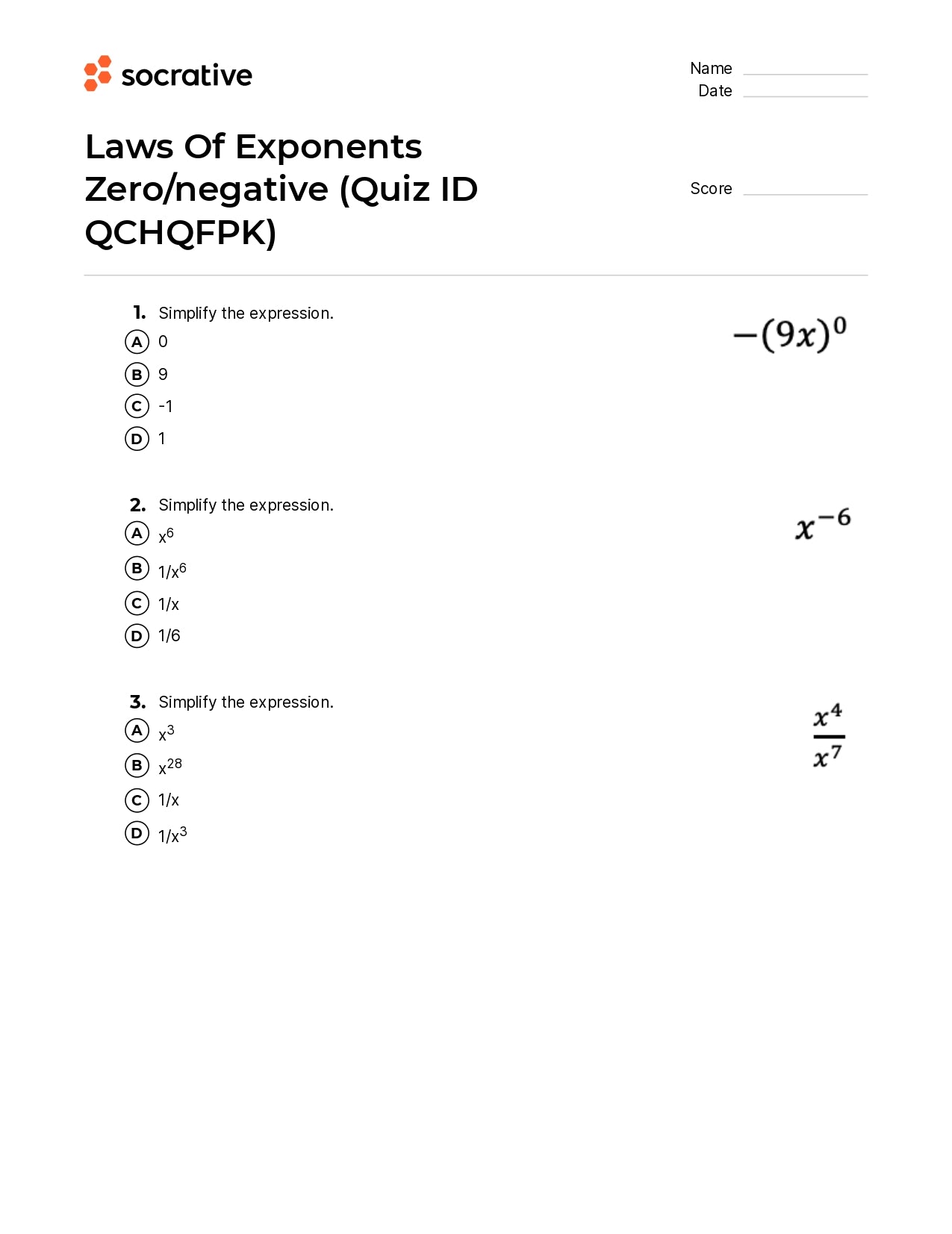 Laws Of Exponents Zero/Negative