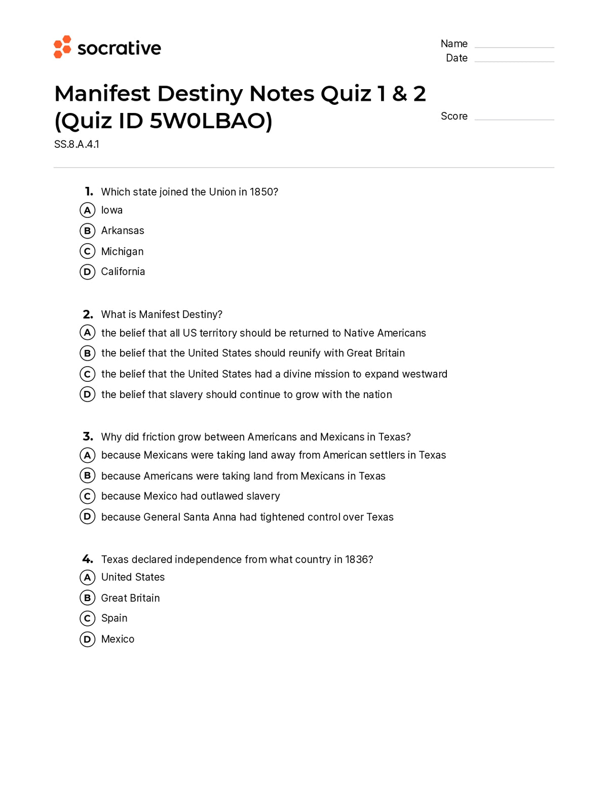 Manifest Destiny Notes Quiz 1 & 2 – Quiz Shop
