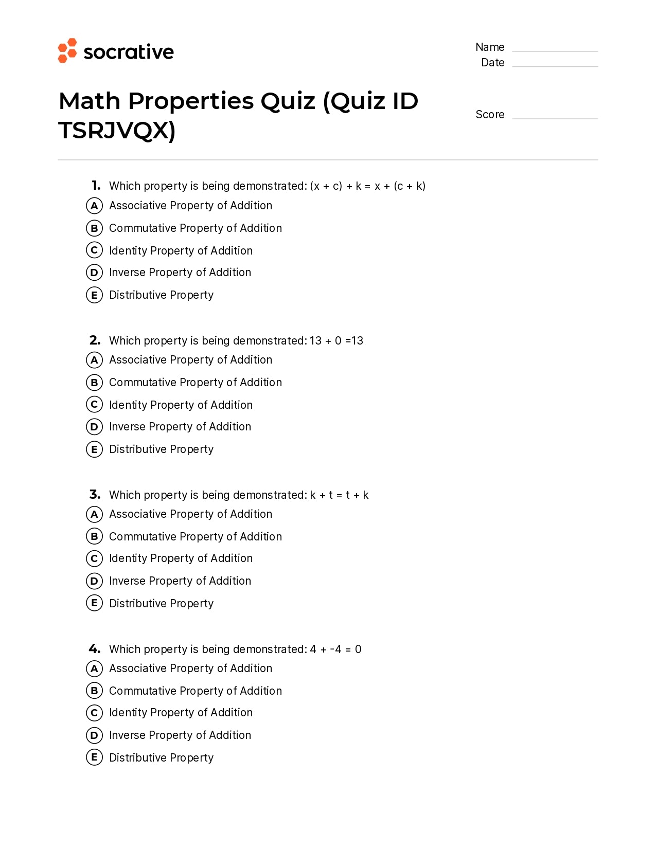 Math Properties Quiz