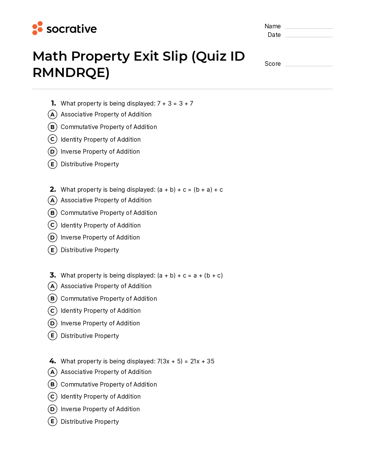 Math Property Exit Slip