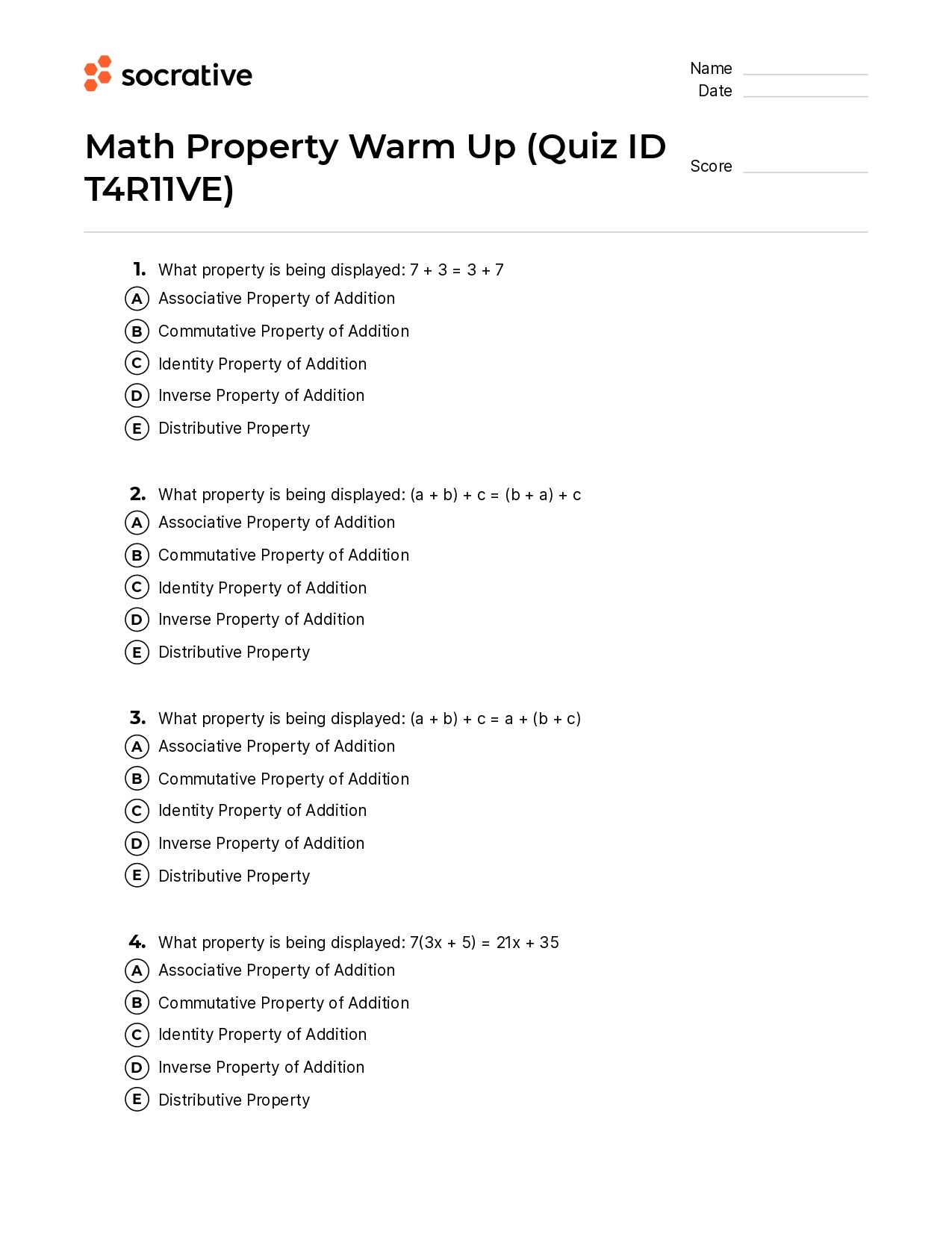 Math Property Warm Up