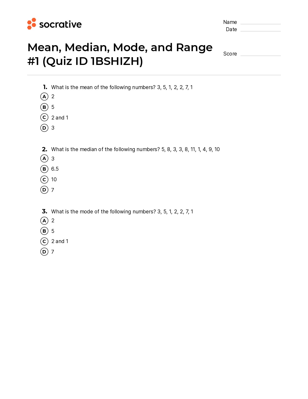 Mean Median Mode And Range 1