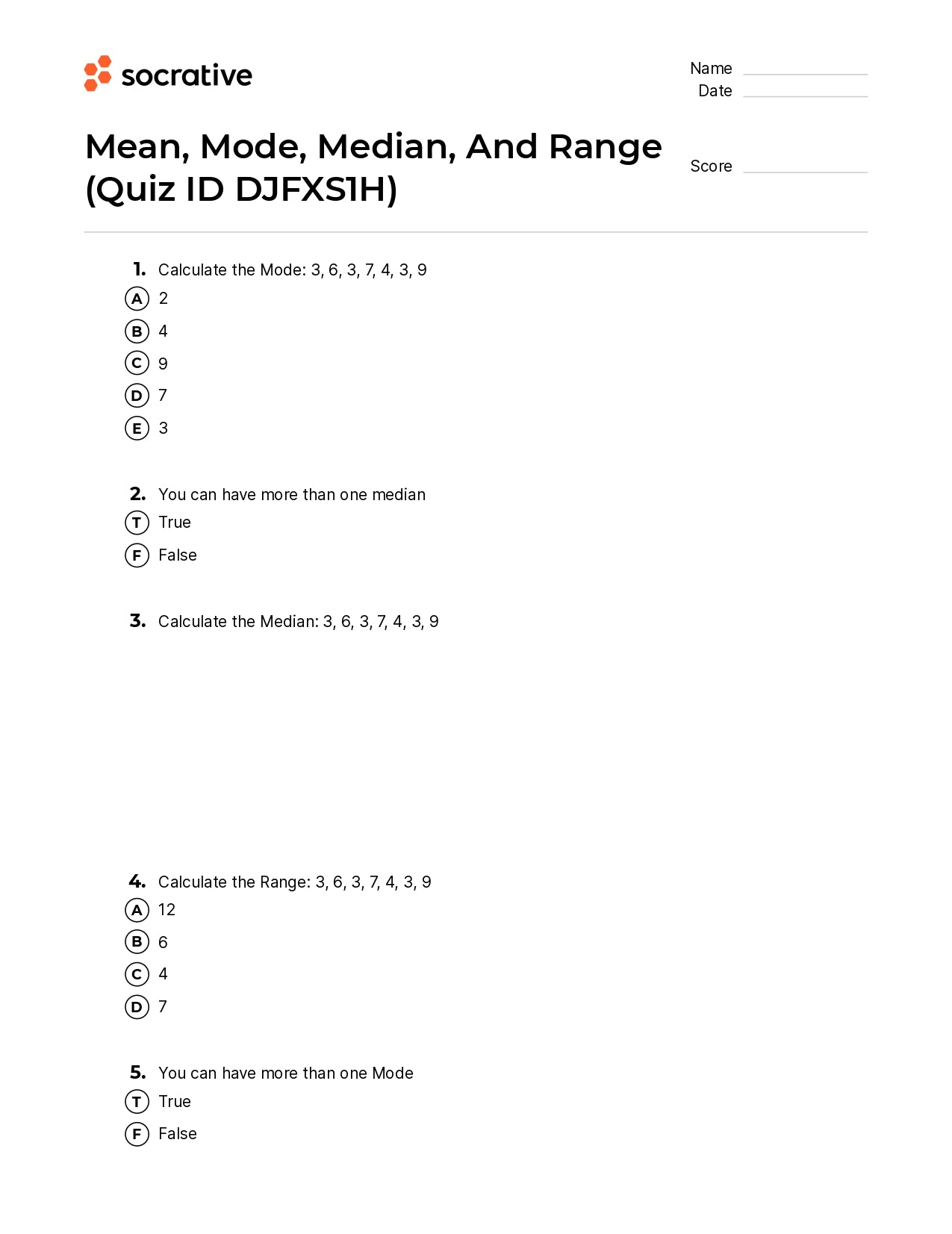 Mean Mode Median And Range