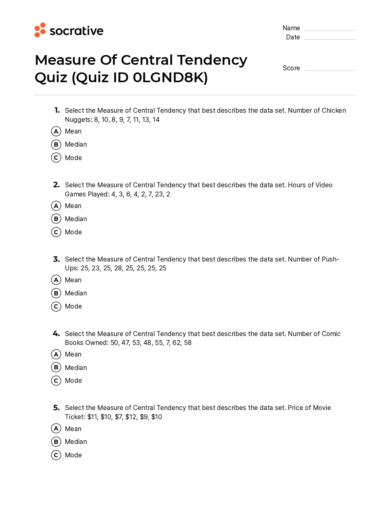 Measure Of Central Tendency Quiz