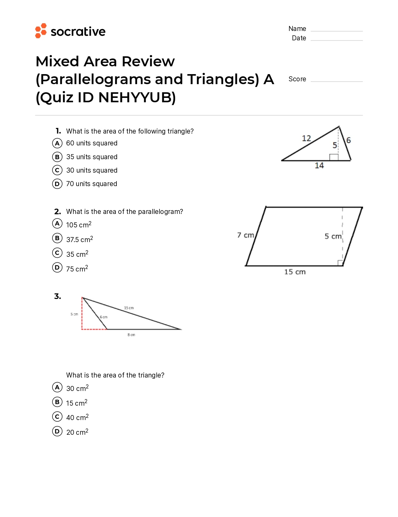 Mixed Area Review (Parallelograms And Triangles) A