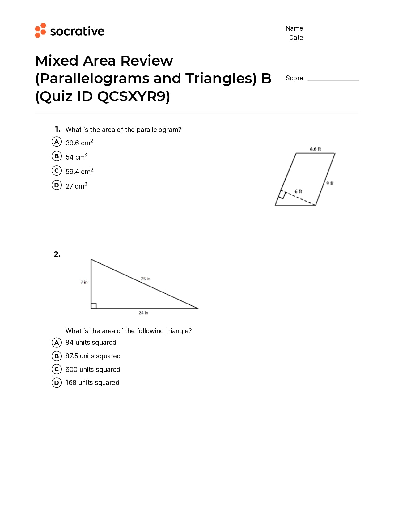Mixed Area Review (Parallelograms And Triangles) B