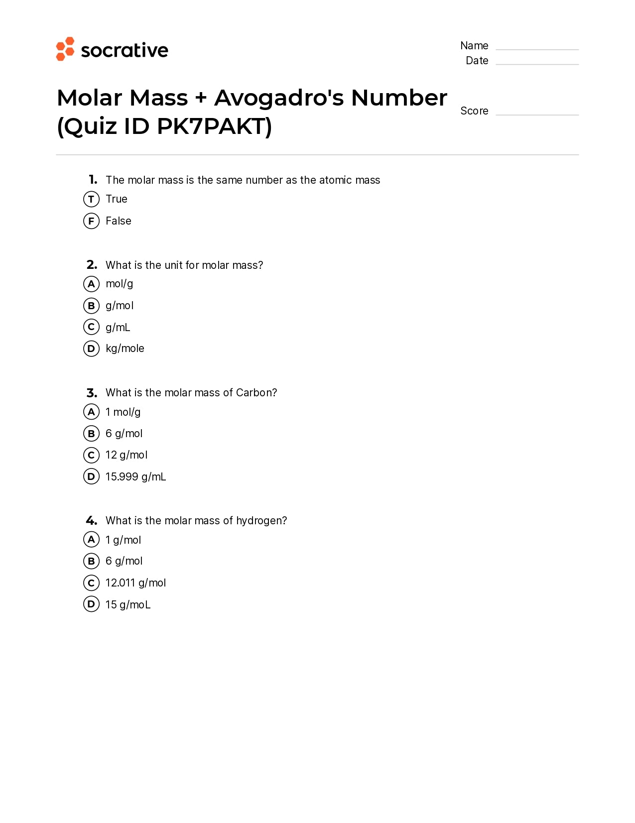 Molar Mass + Avogadro'S Number