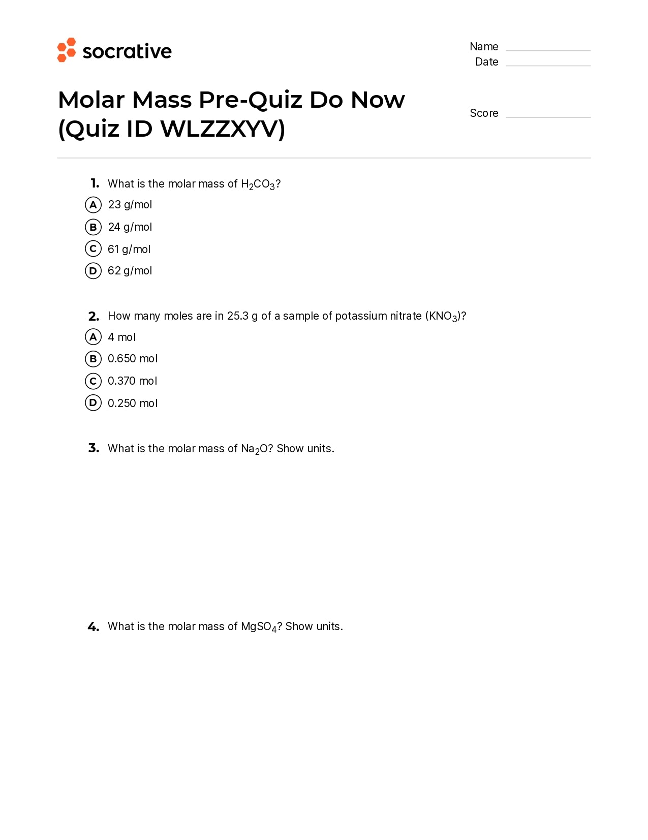 Molar Mass Pre-Quiz Do Now