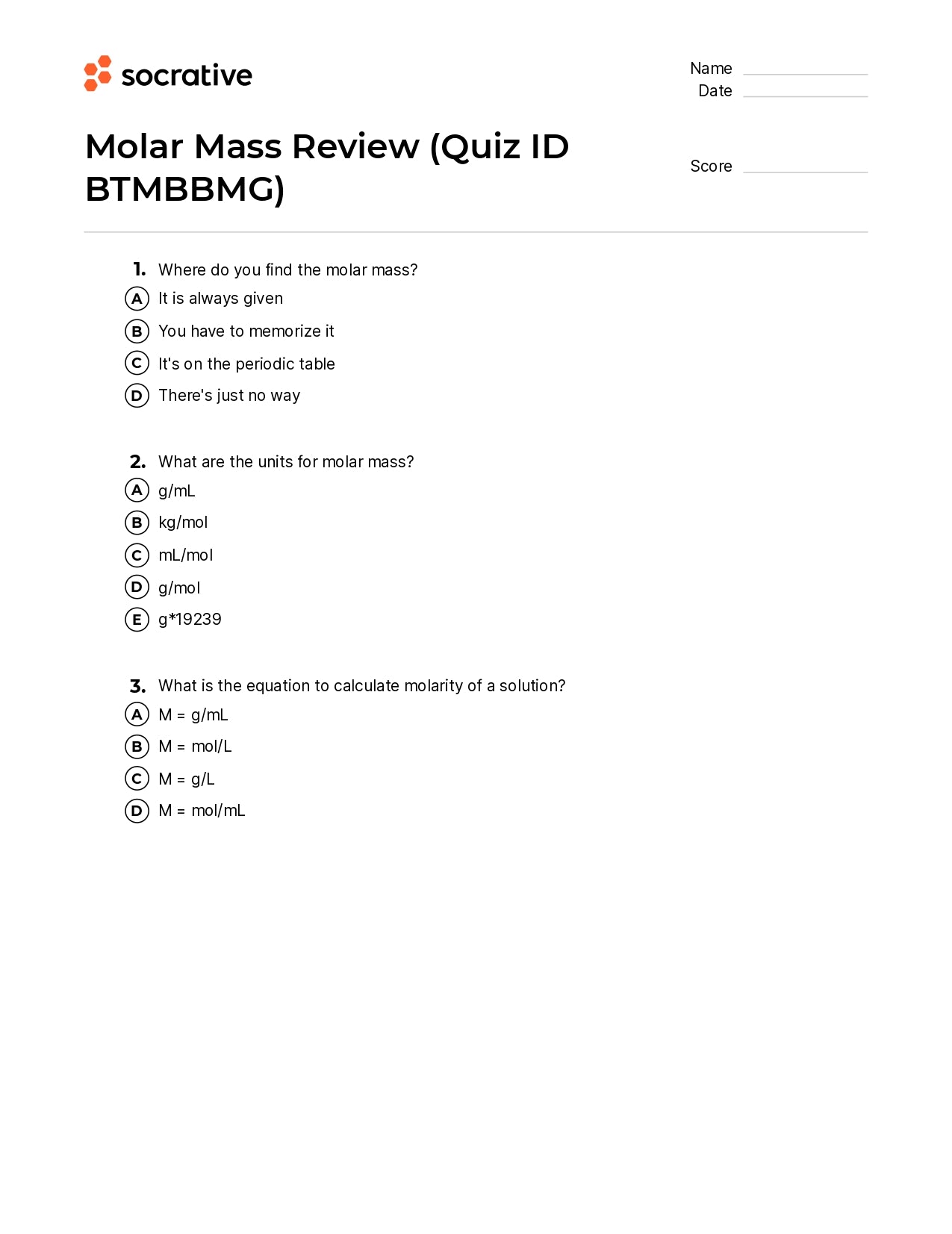 Molar Mass Review