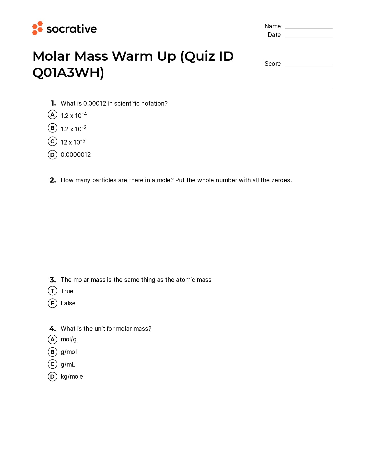 Molar Mass Warm Up