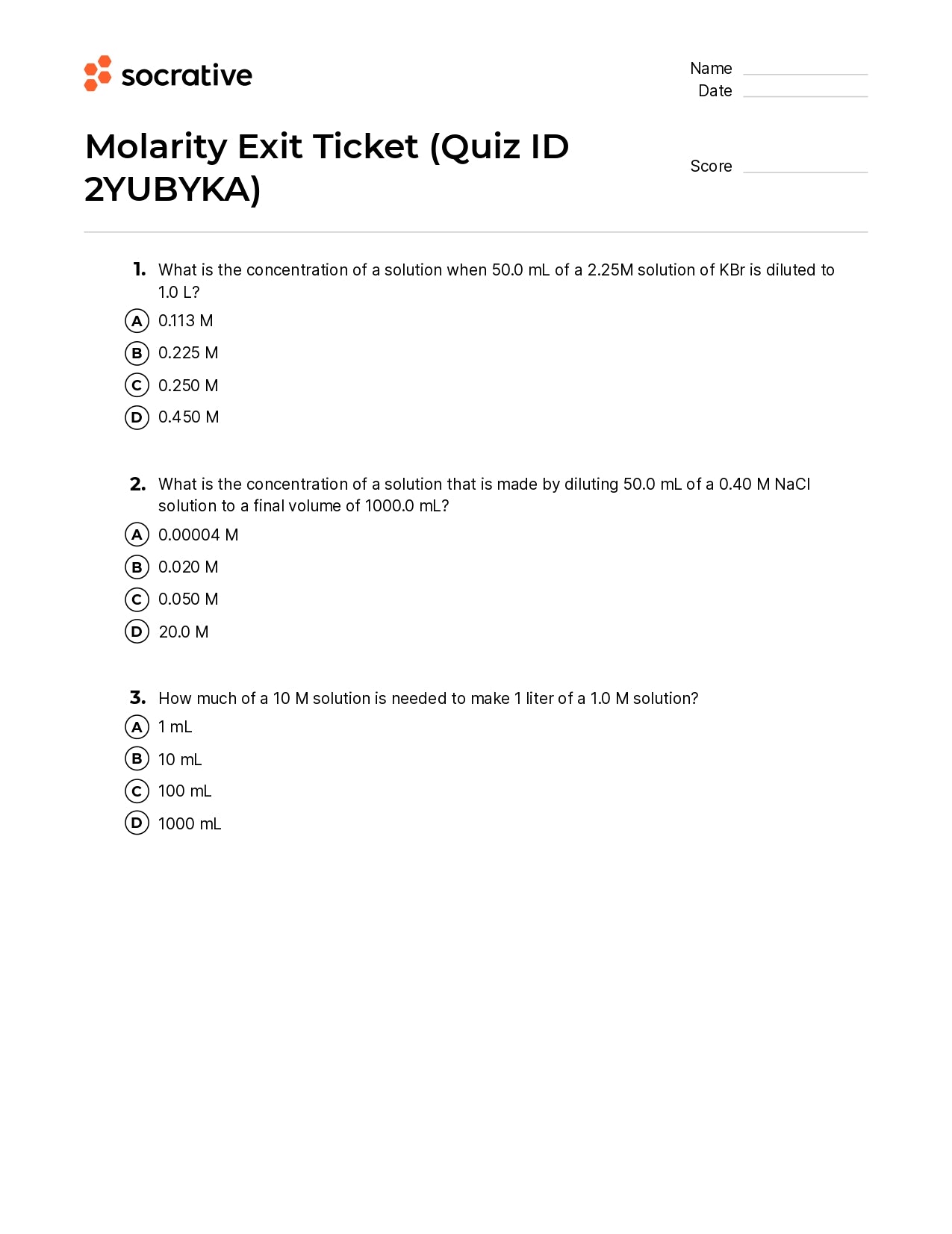 Molarity Exit Ticket