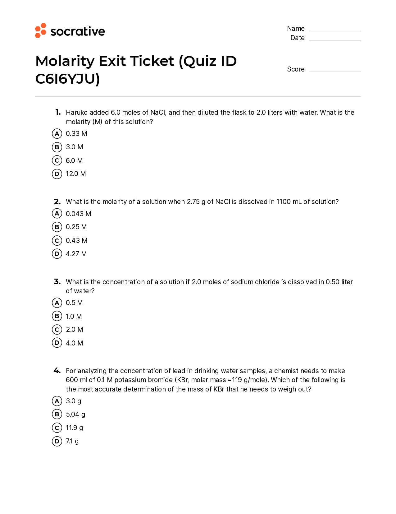 Molarity Exit Ticket