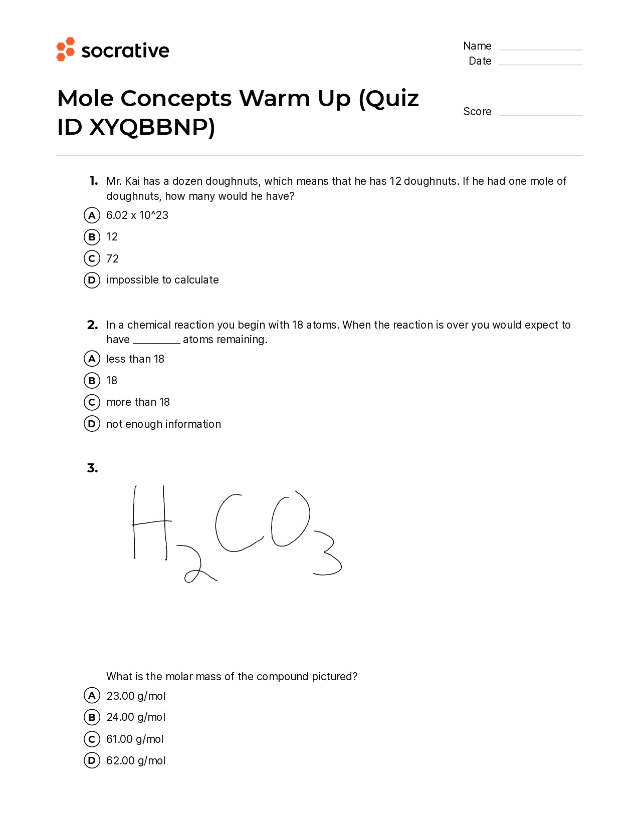 Mole Concepts Warm Up