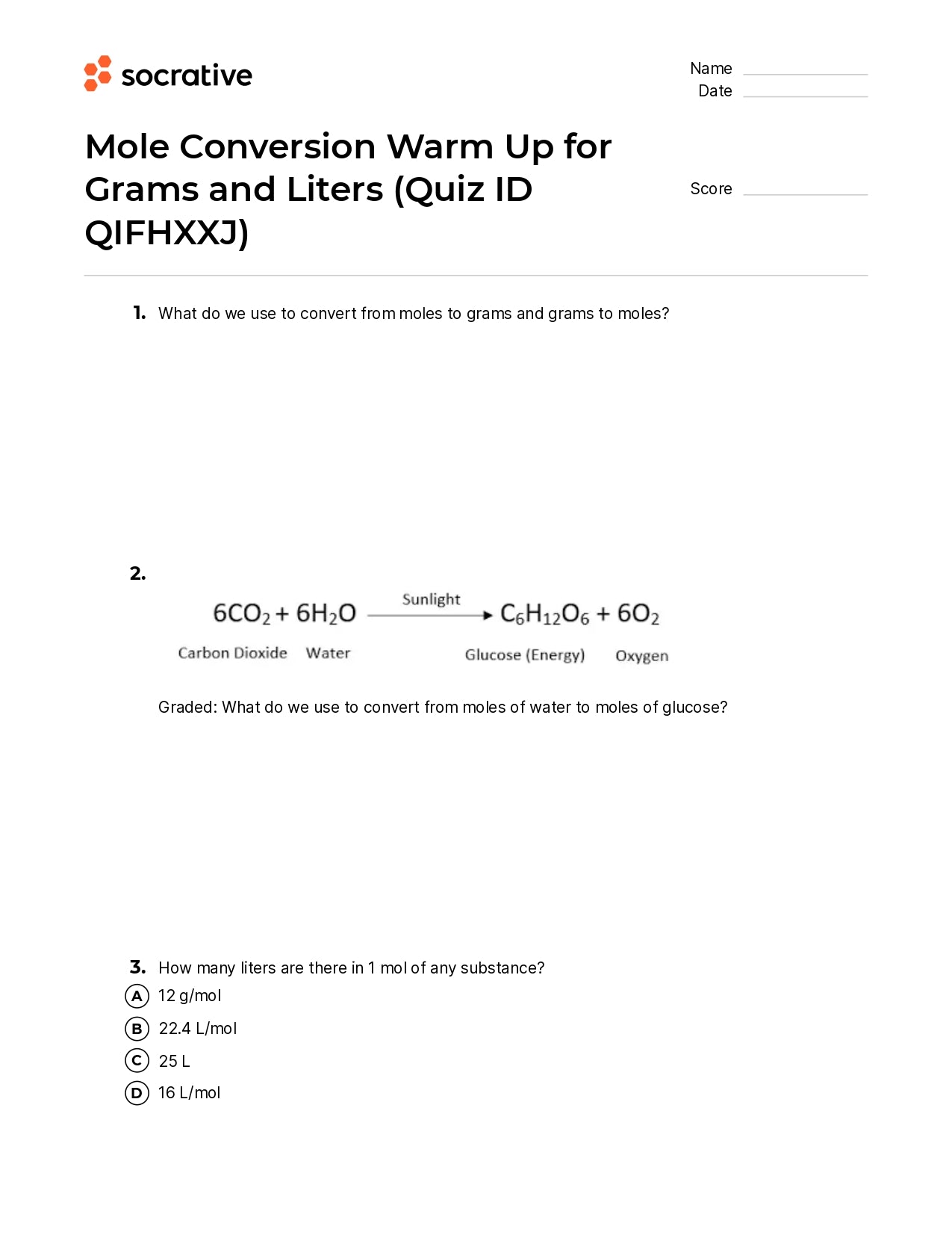 Mole Conversion Warm Up For Grams And Liters