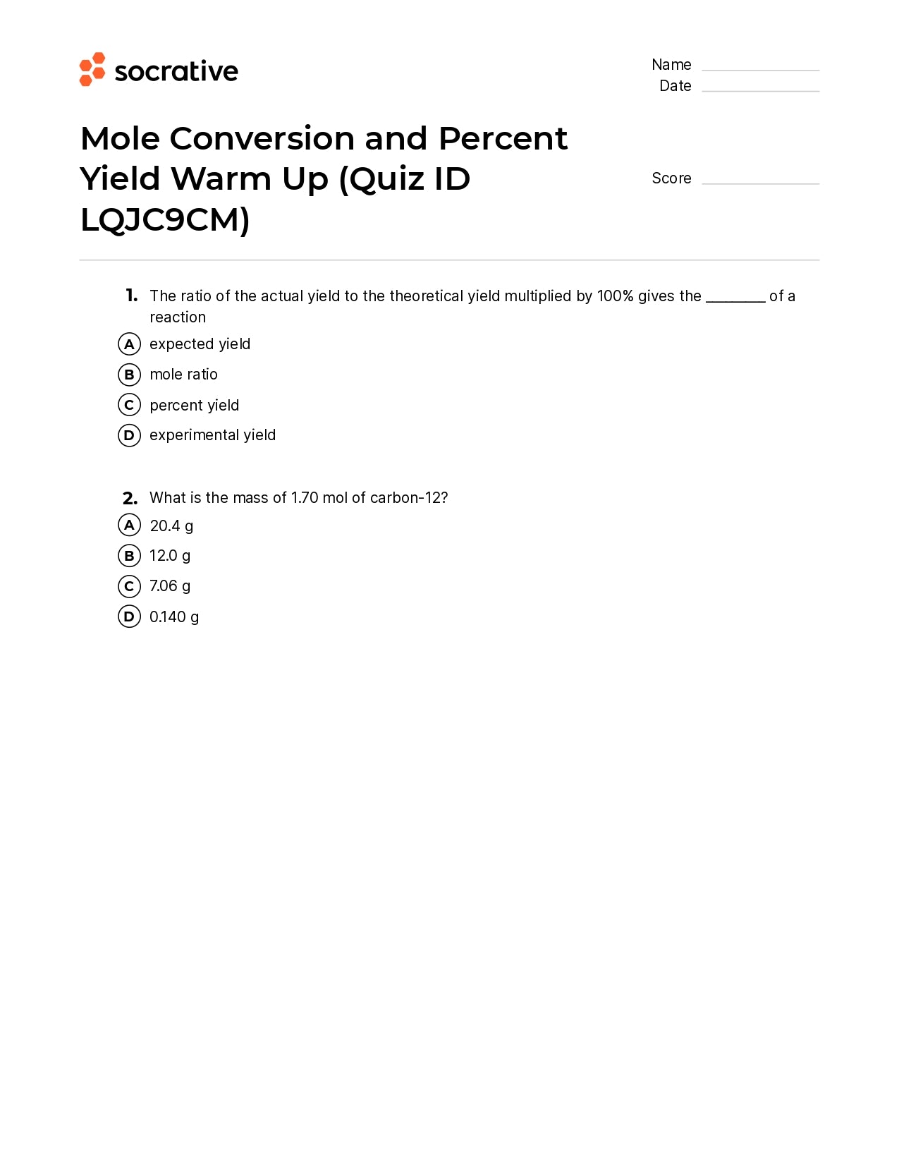 Mole Conversion And Percent Yield Warm Up