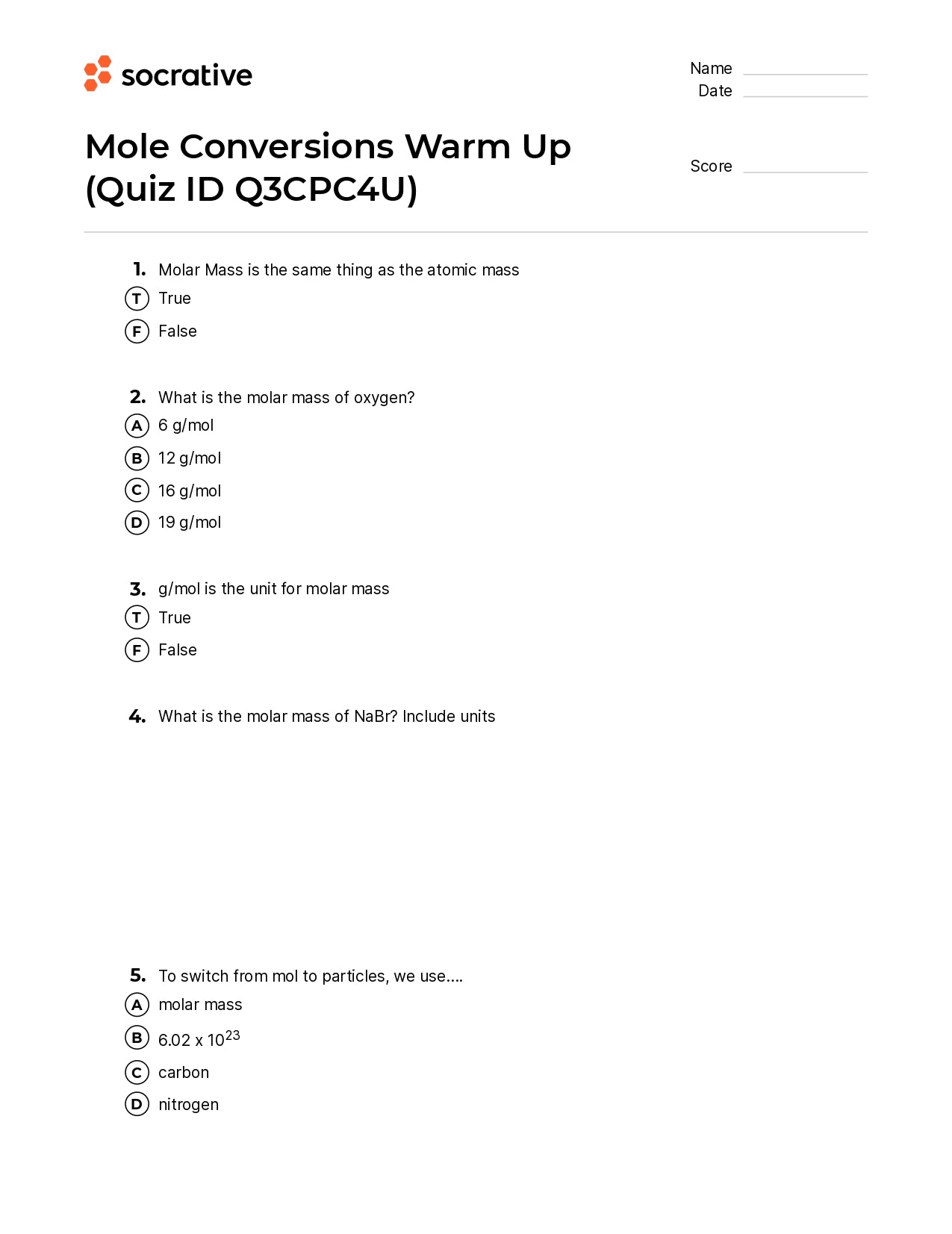 Mole Conversions Warm Up