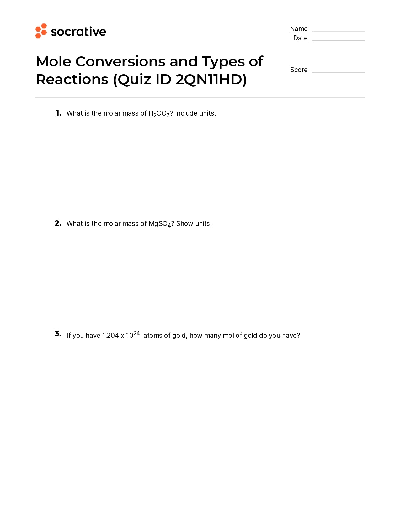Mole Conversions And Types Of Reactions