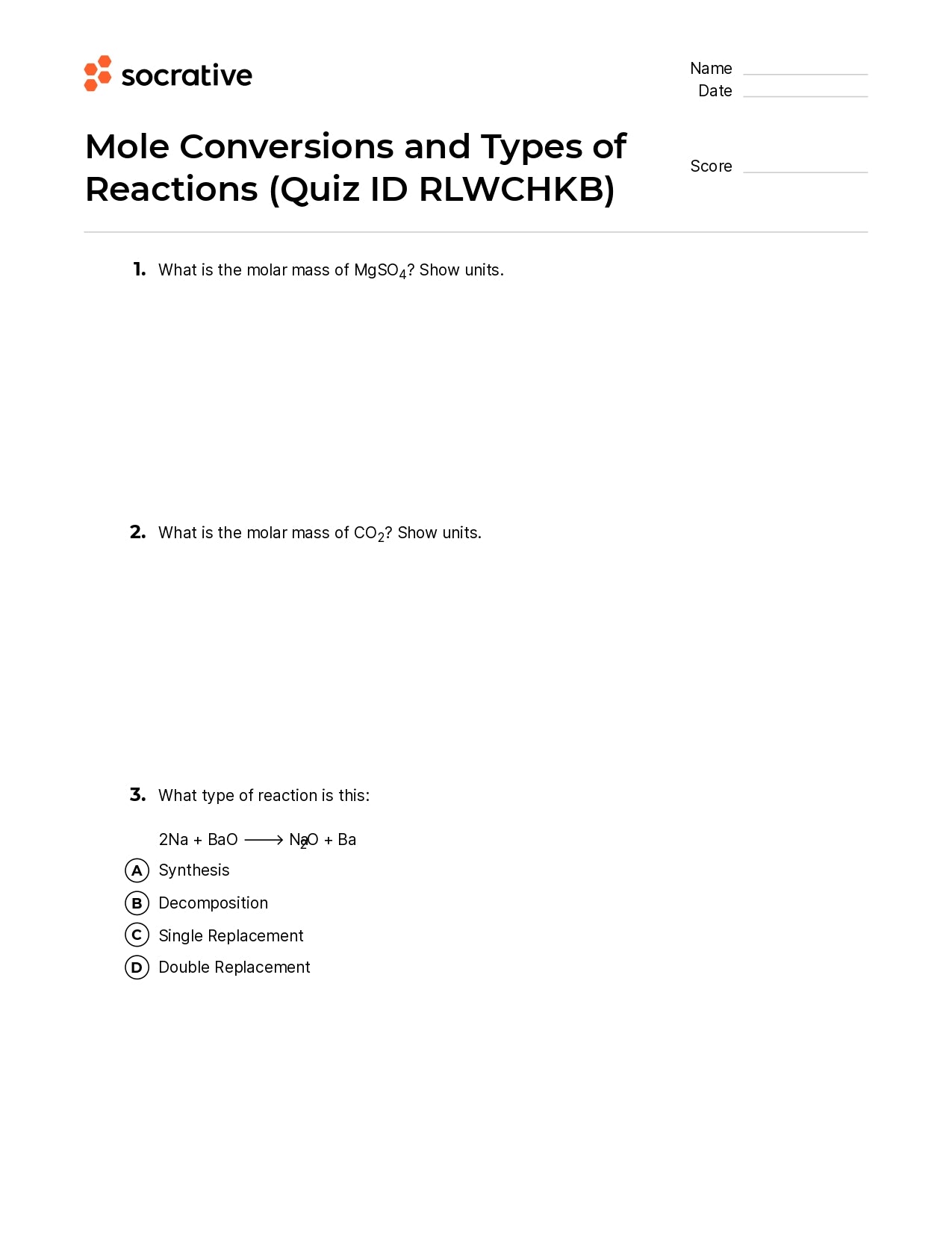 Mole Conversions And Types Of Reactions