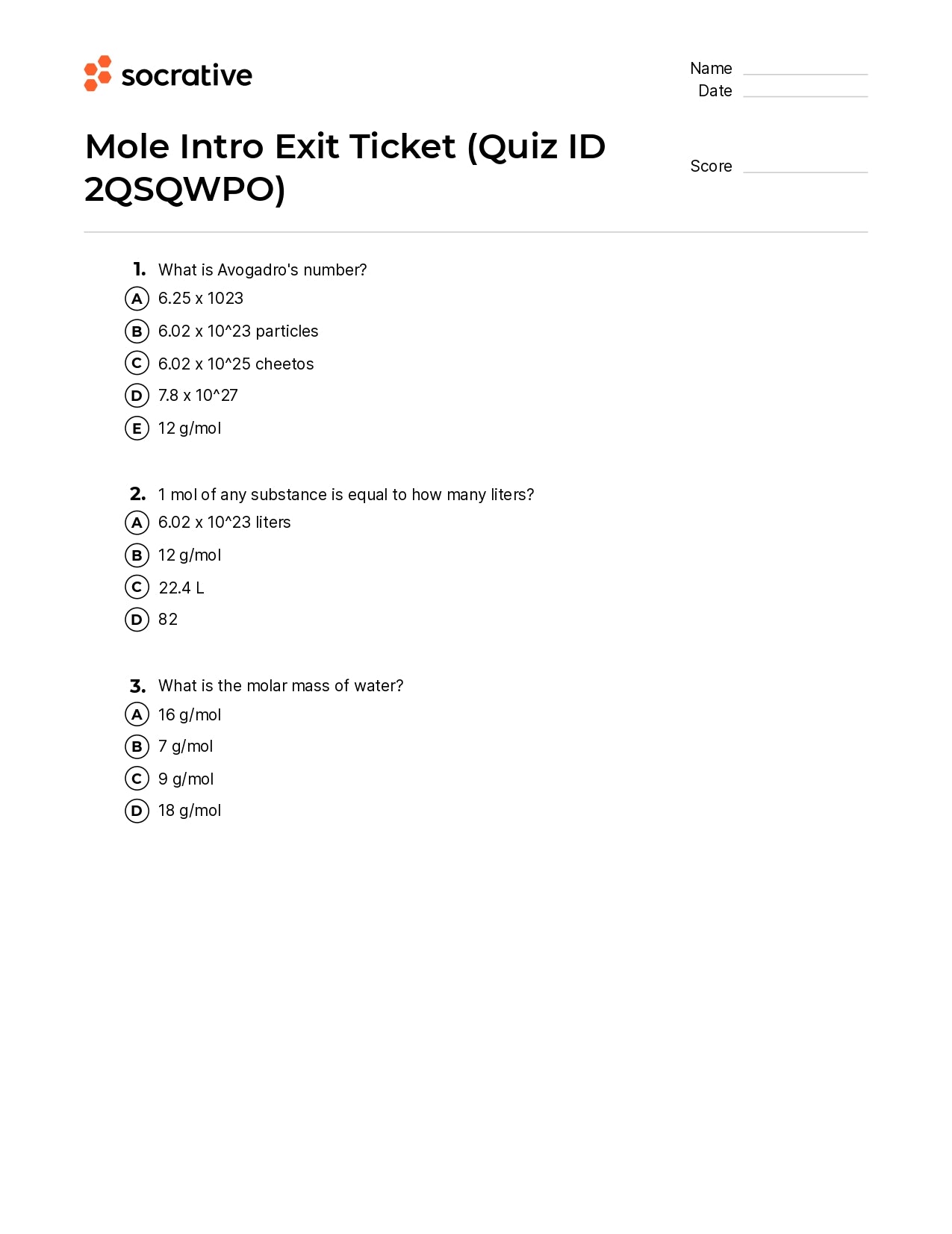 Mole Intro Exit Ticket