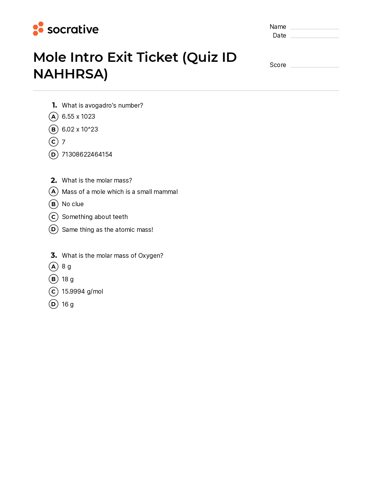 Mole Intro Exit Ticket