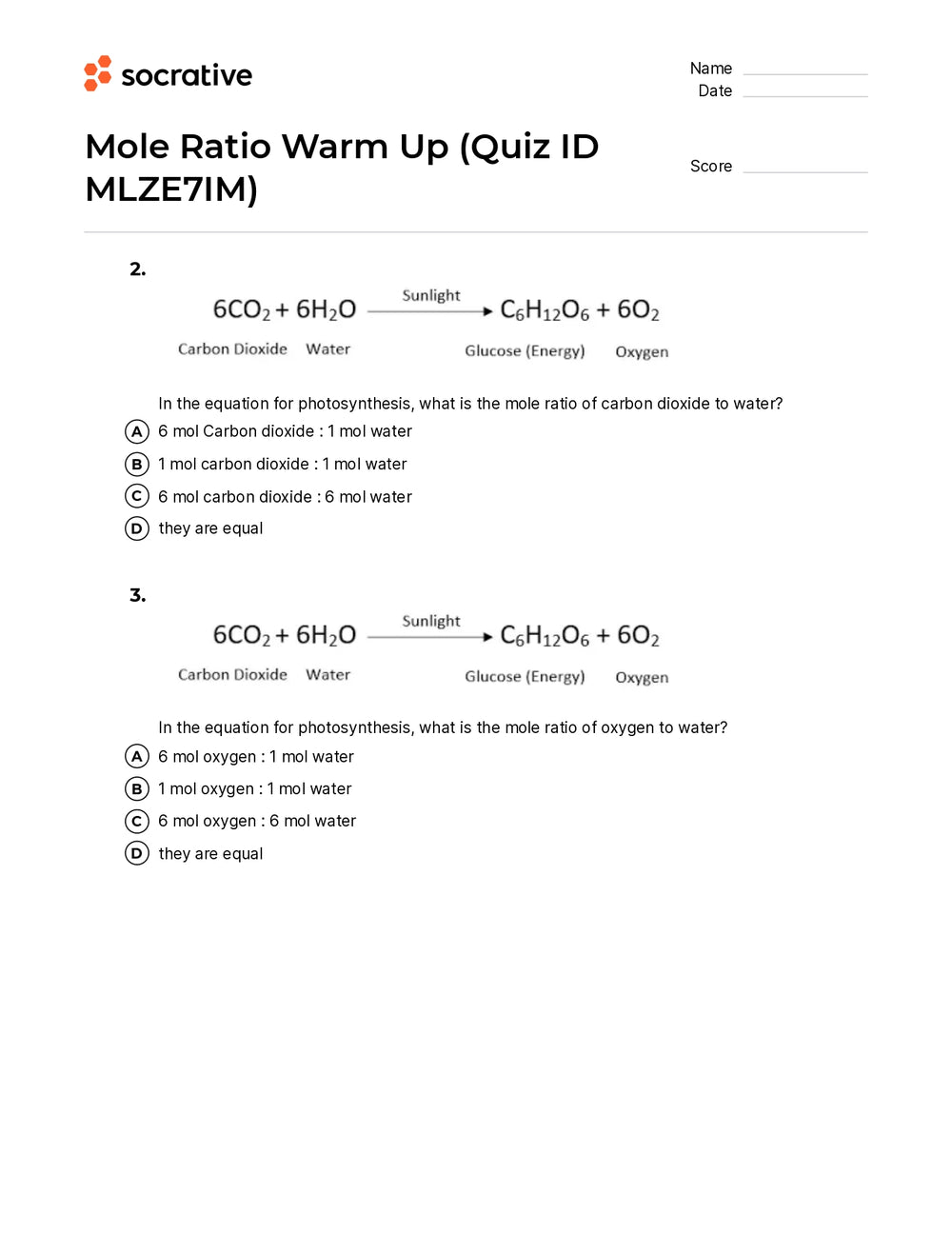 Mole Ratio Warm Up – Quiz Shop Mole Ratio Warm Up – Quiz Shop