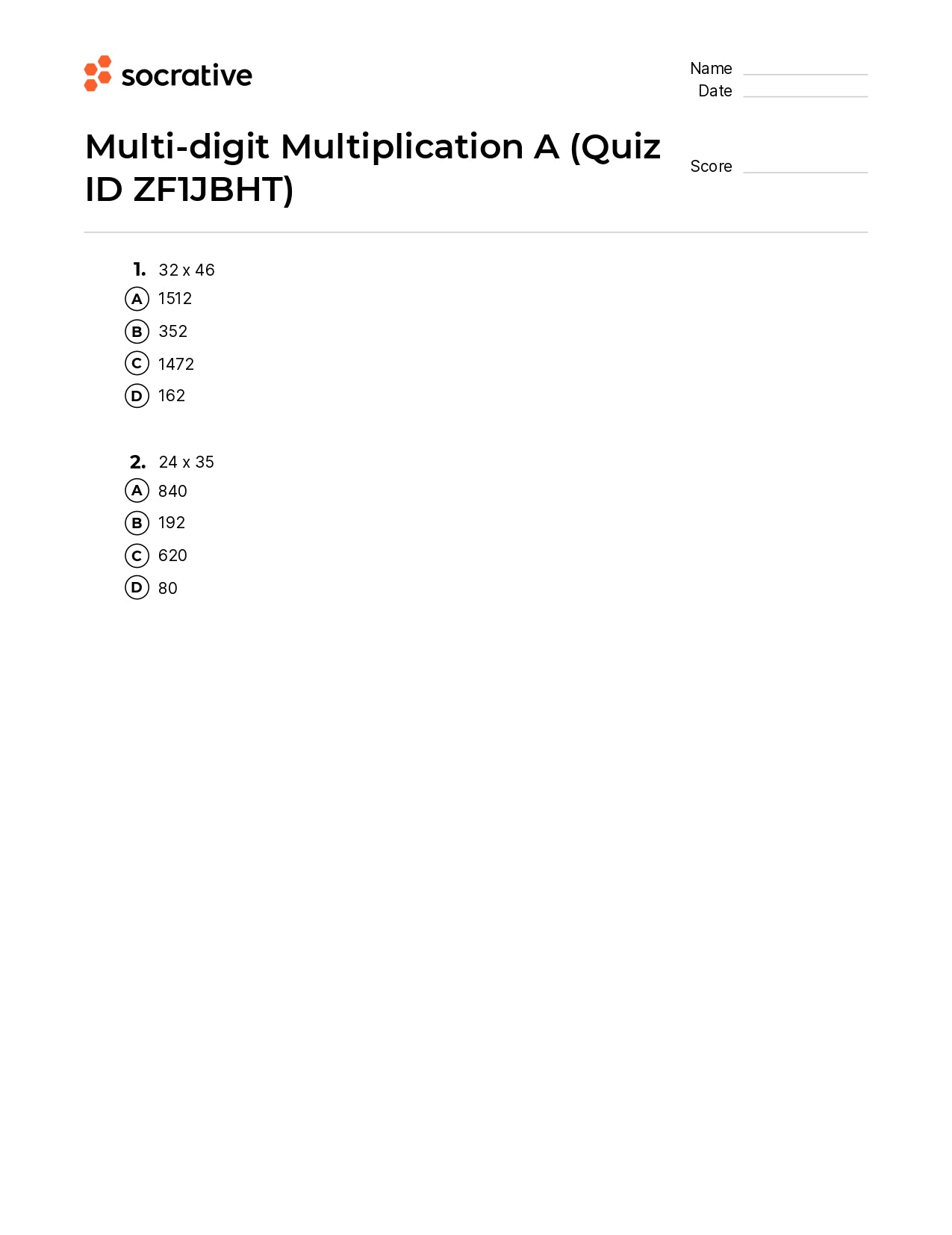 Multi-Digit Multiplication A