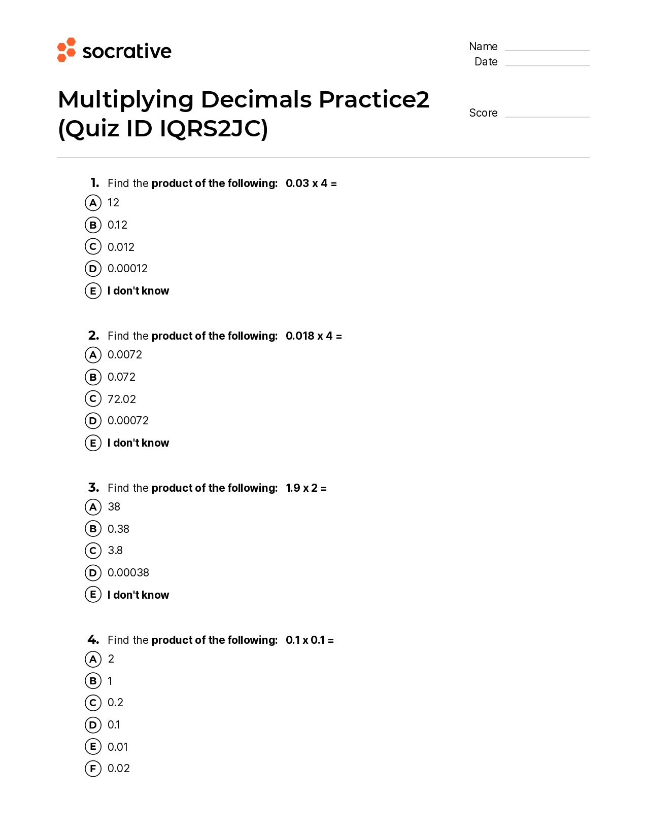 Multiplying Decimals Practice2