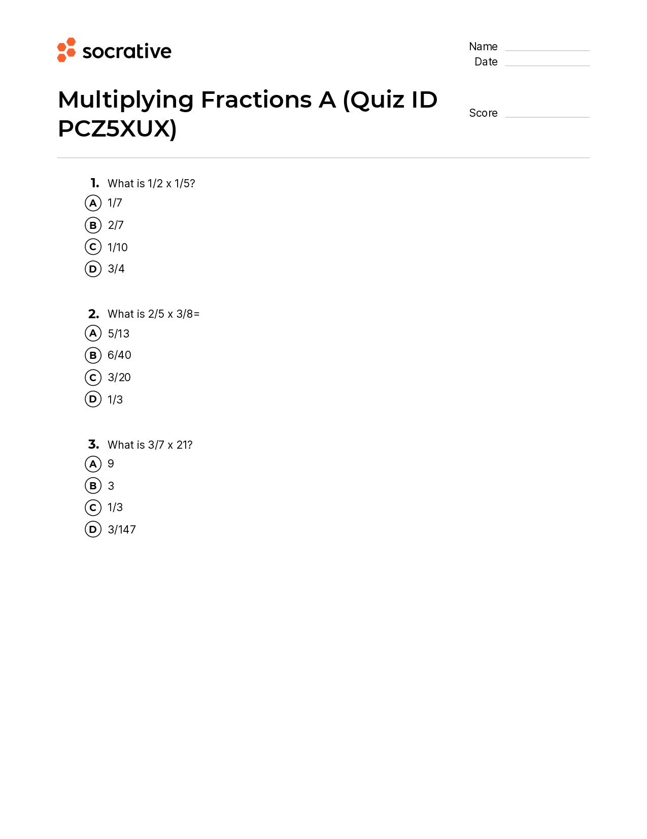 Multiplying Fractions A