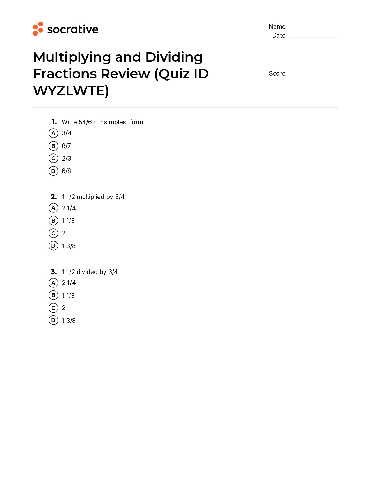 Multiplying And Dividing Fractions Review