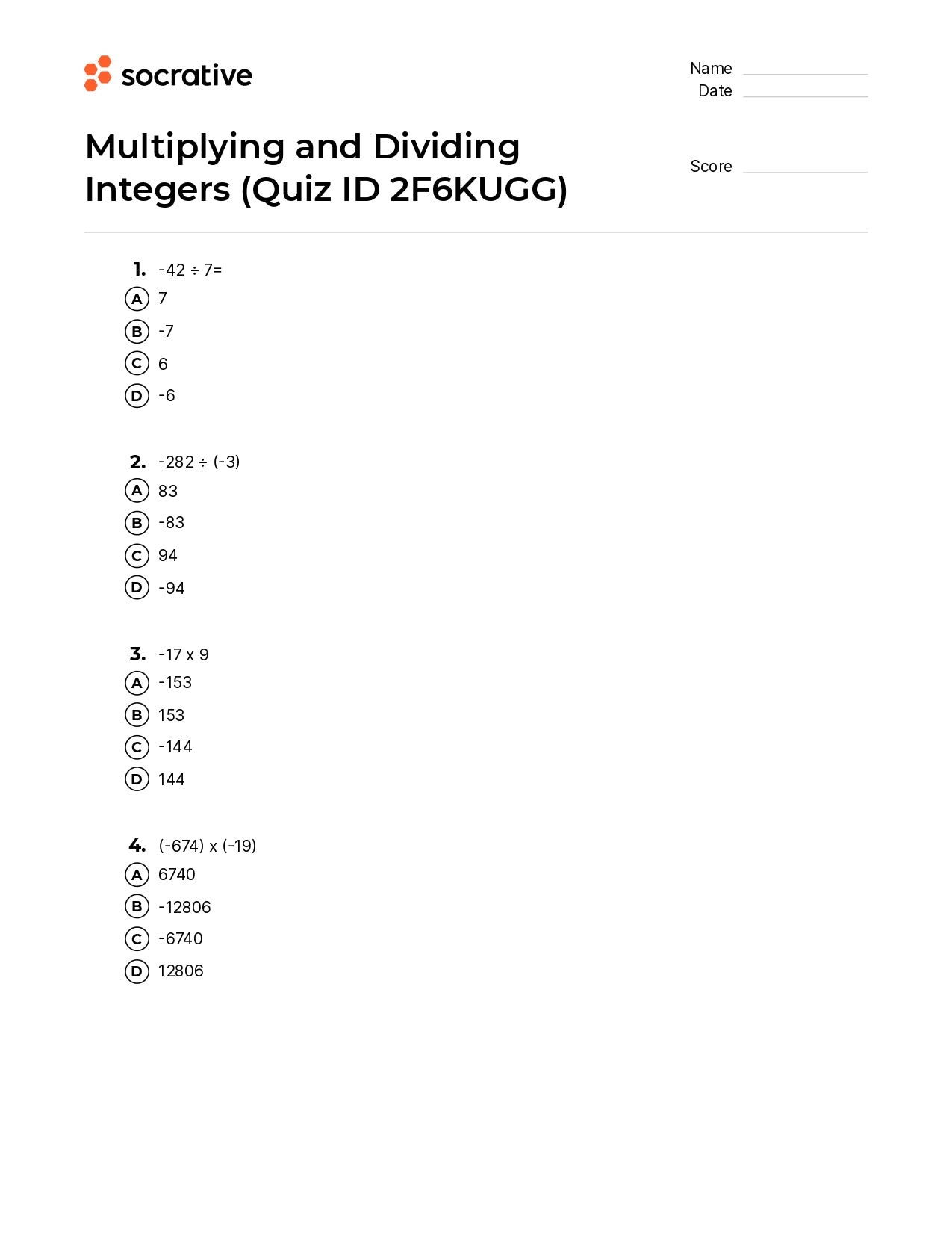 Multiplying And Dividing Integers