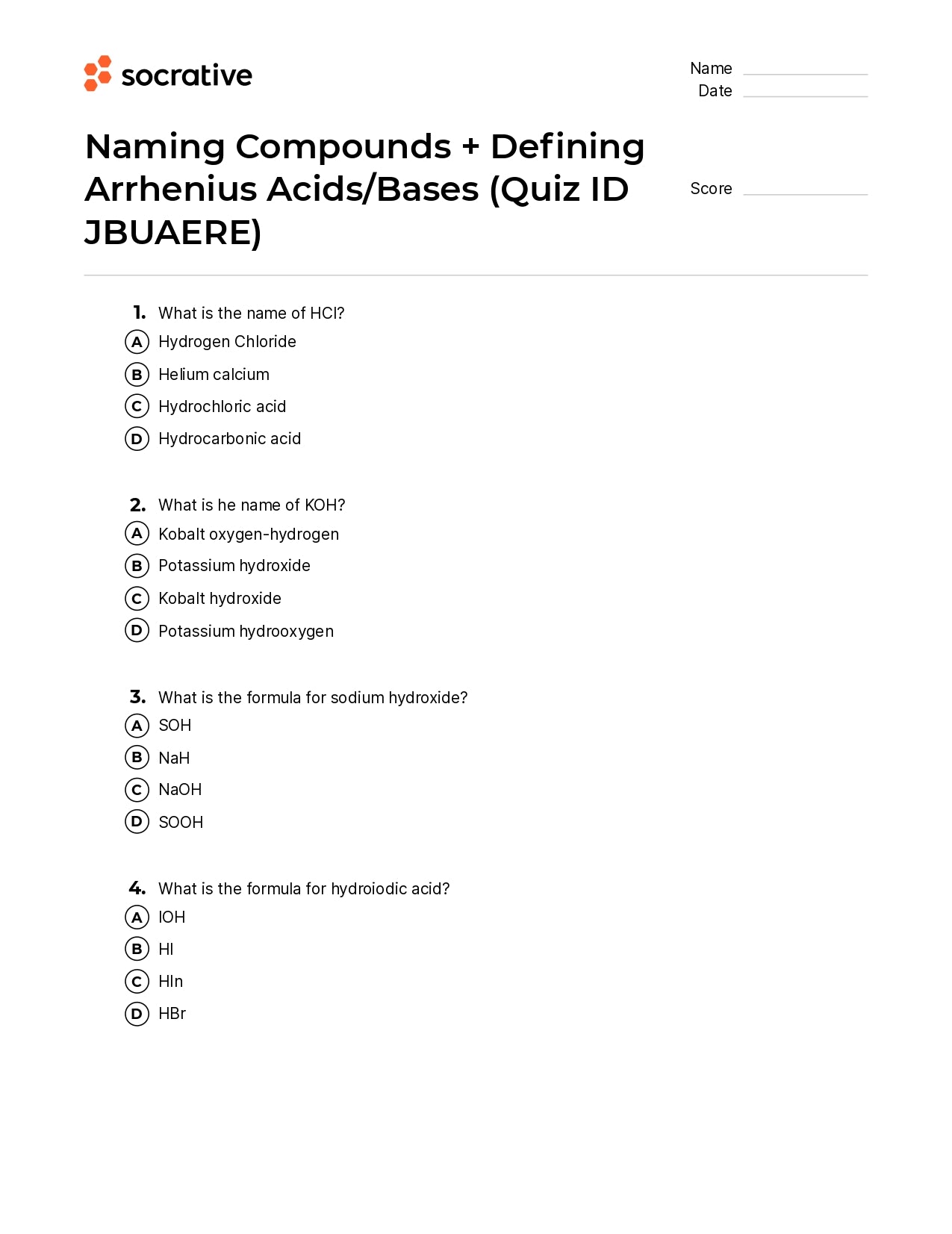 Naming Compounds + Defining Arrhenius Acids/Bases