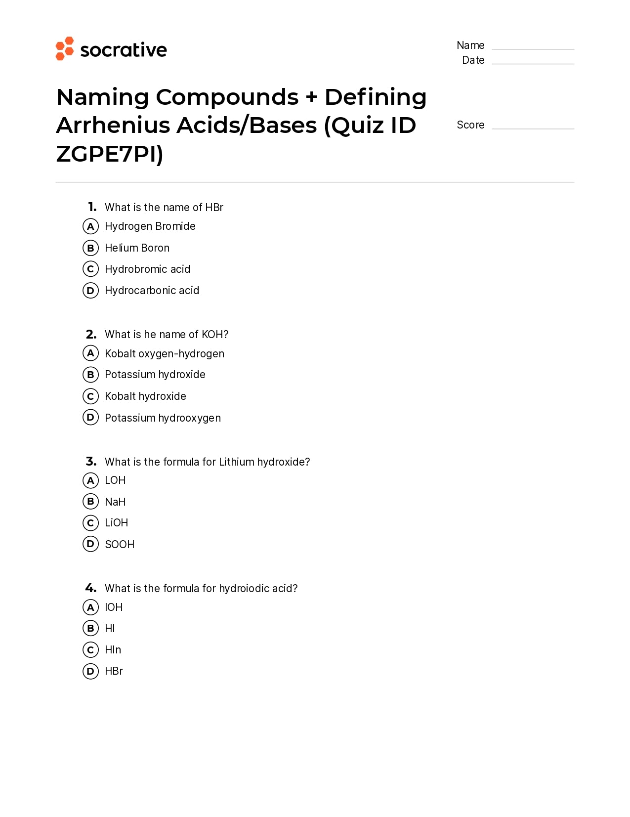 Naming Compounds + Defining Arrhenius Acids/Bases