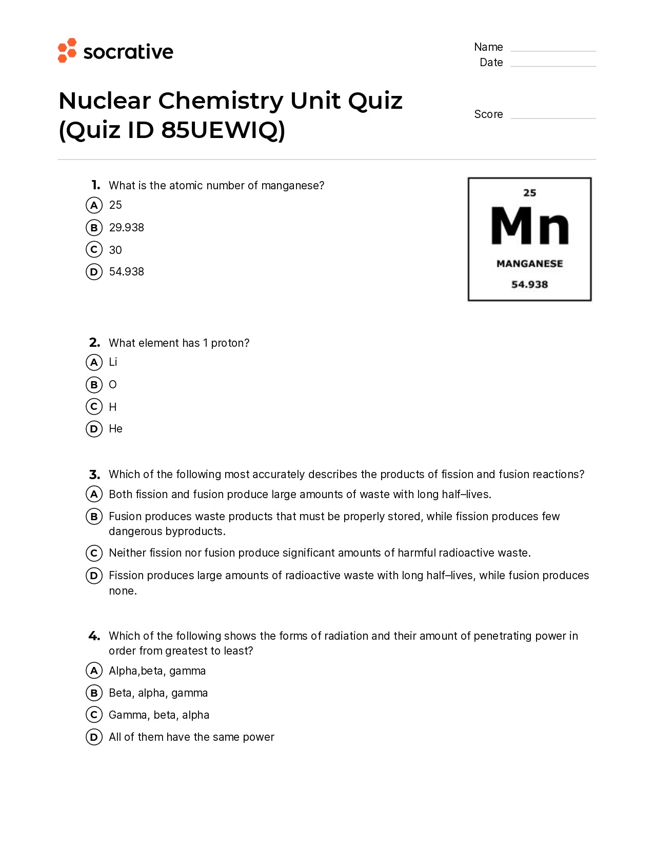 Nuclear Chemistry Unit Quiz