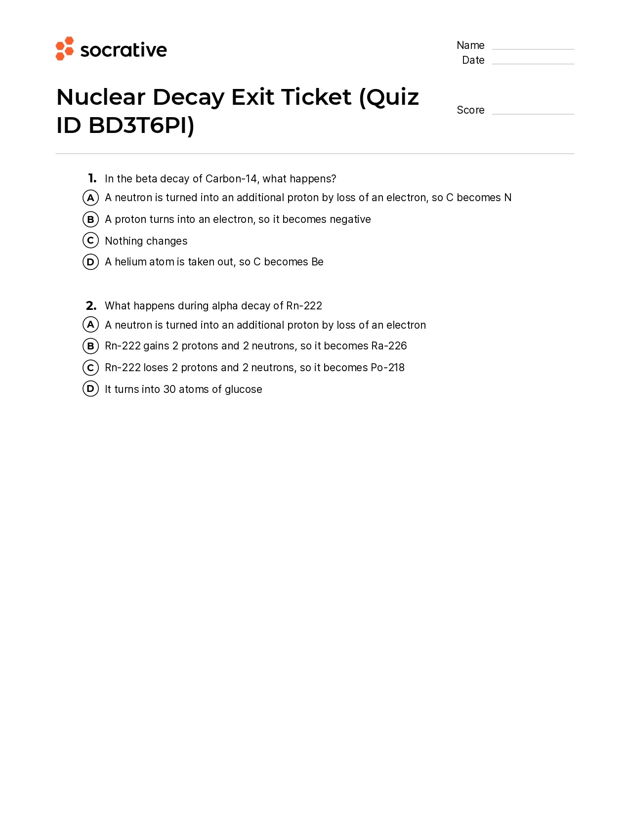 Nuclear Decay Exit Ticket
