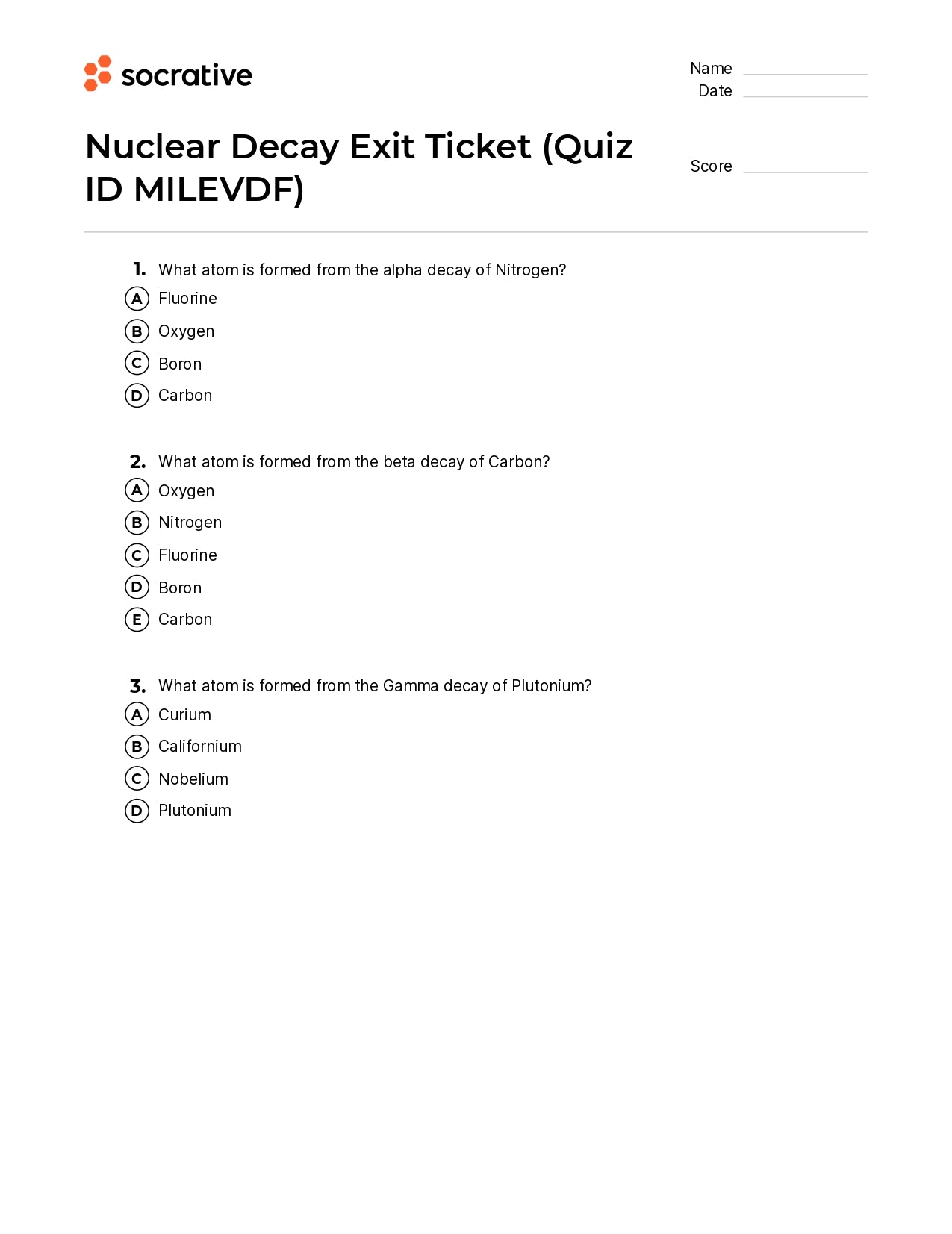 Nuclear Decay Exit Ticket
