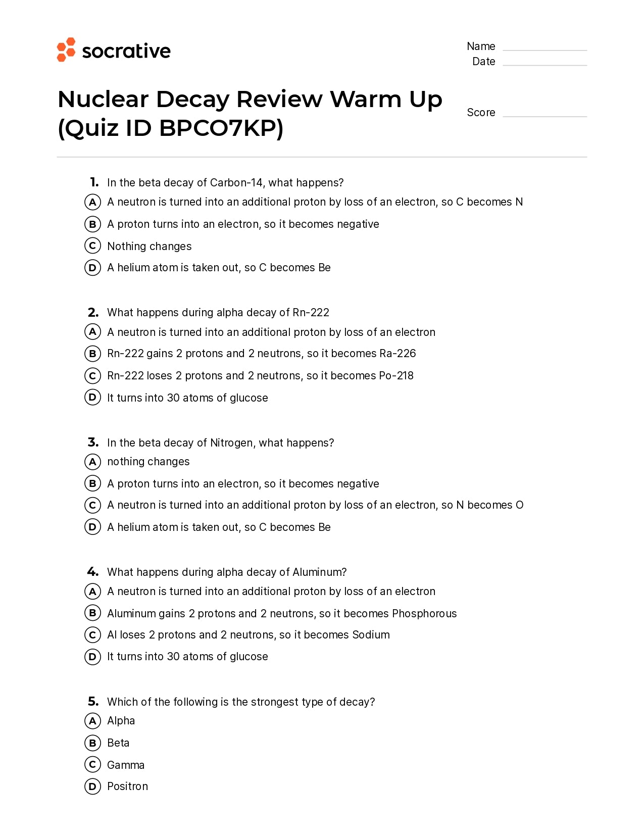Nuclear Decay Review Warm Up