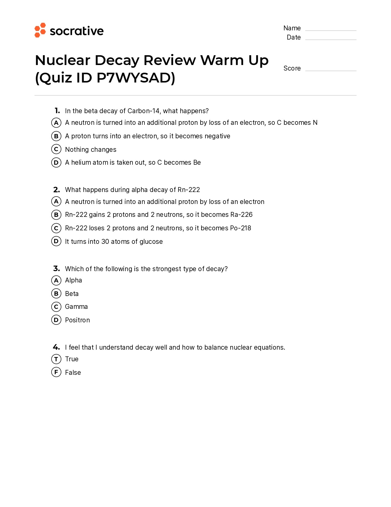 Nuclear Decay Review Warm Up
