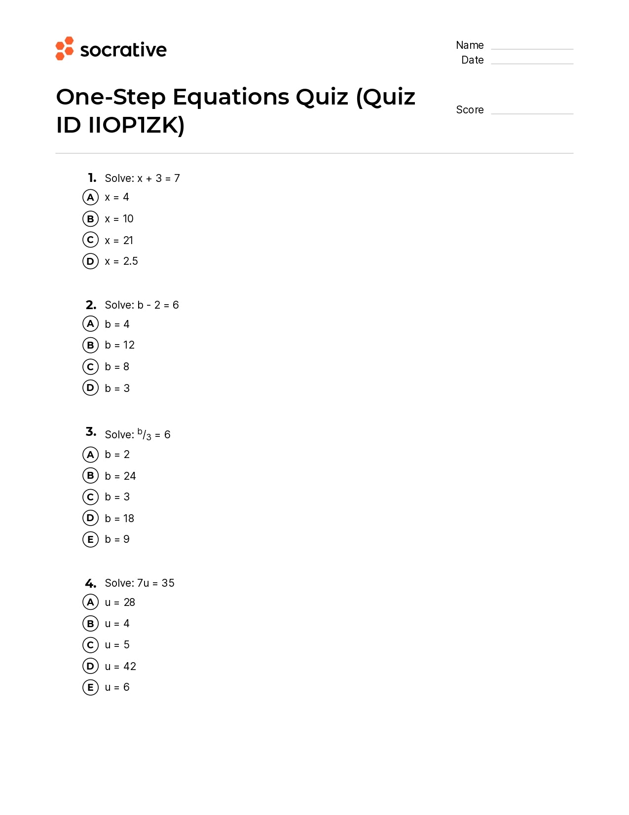 One-Step Equations Quiz