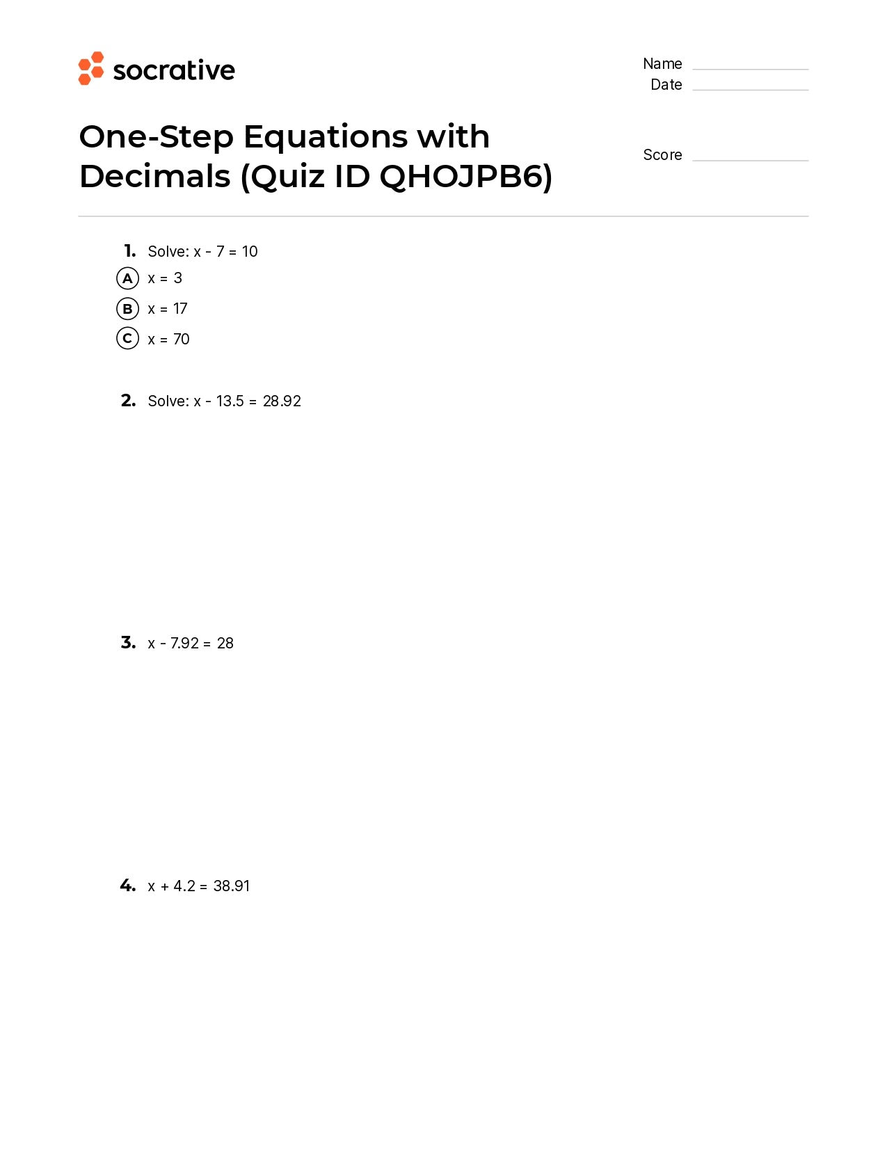 One-Step Equations With Decimals
