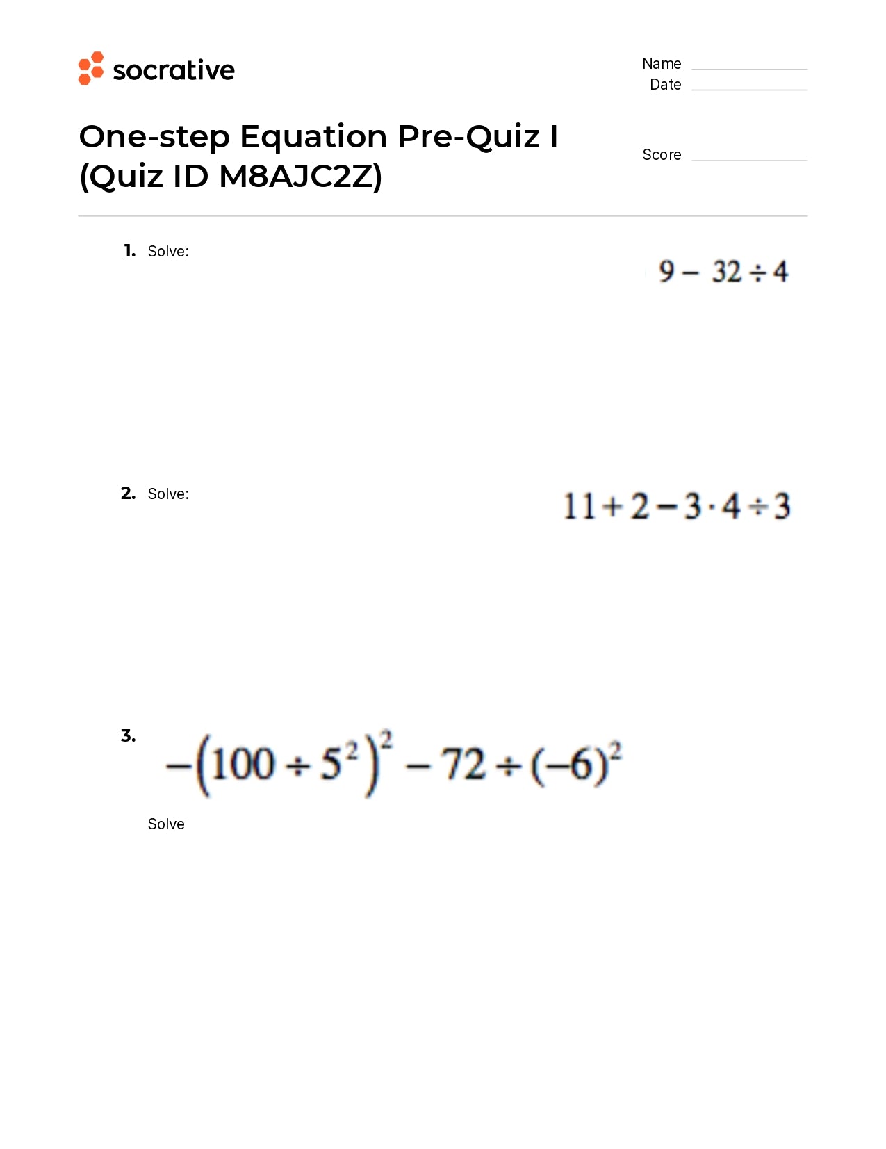 One-Step Equation Pre-Quiz I