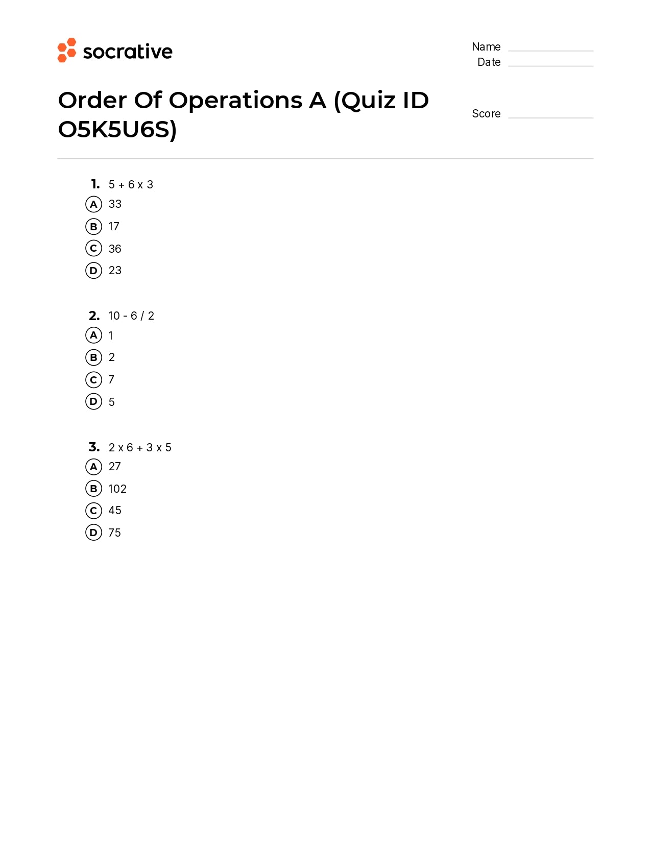 Order Of Operations A