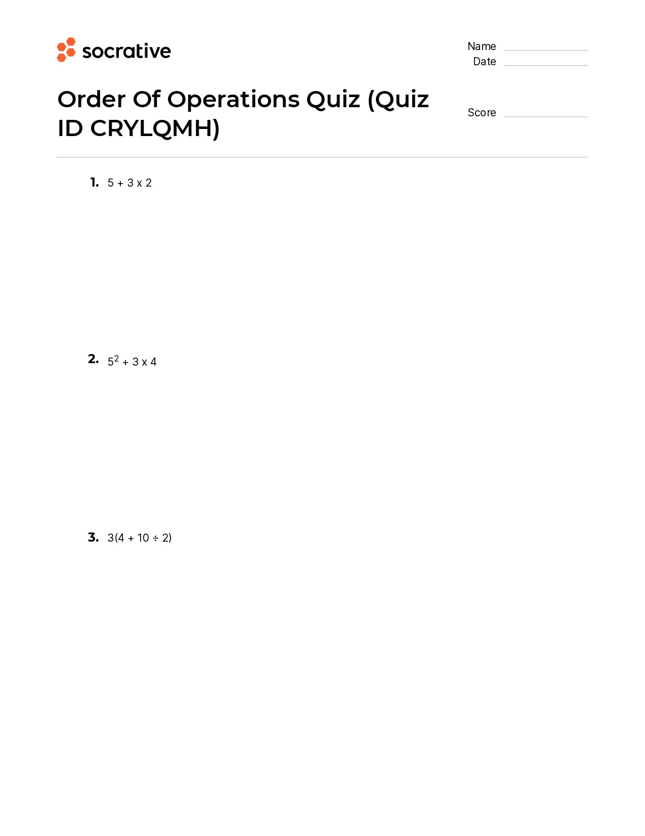 Order Of Operations Quiz