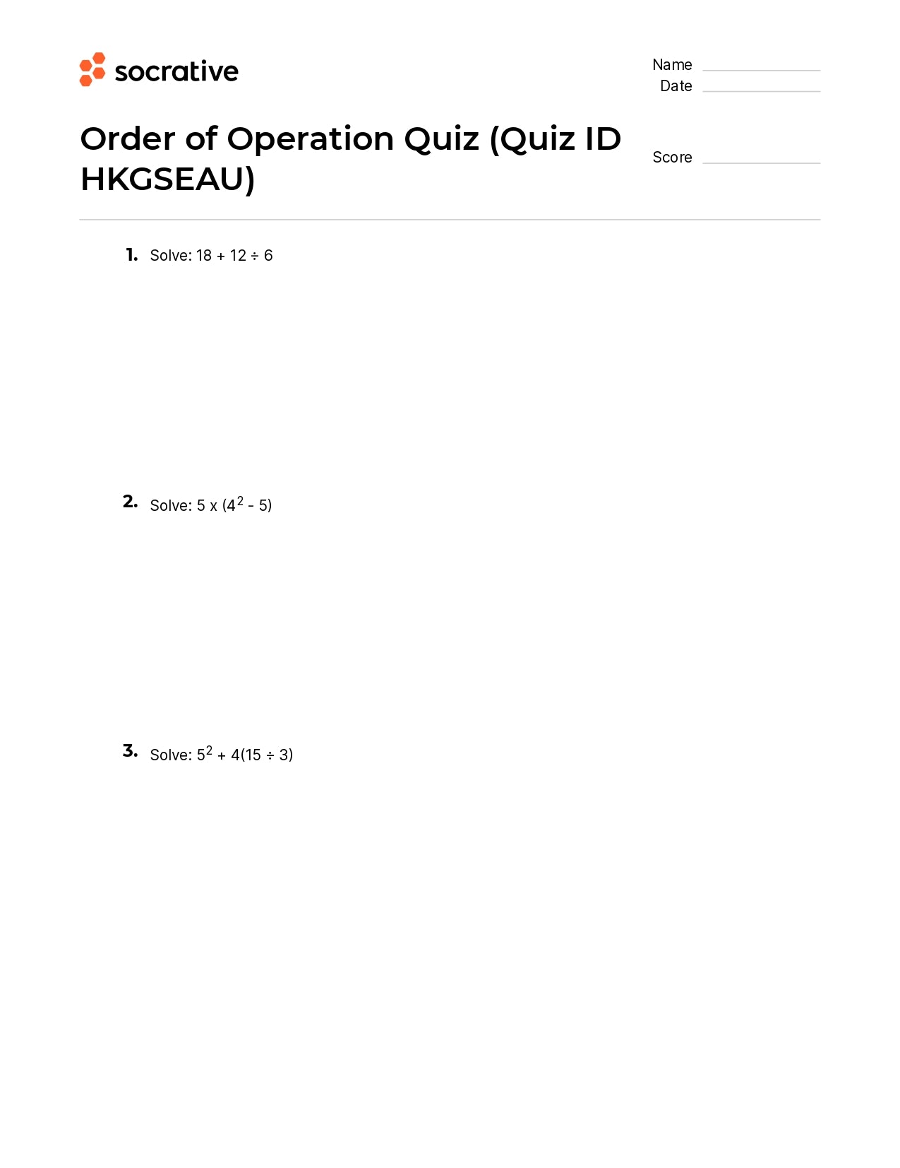 Order Of Operation Quiz