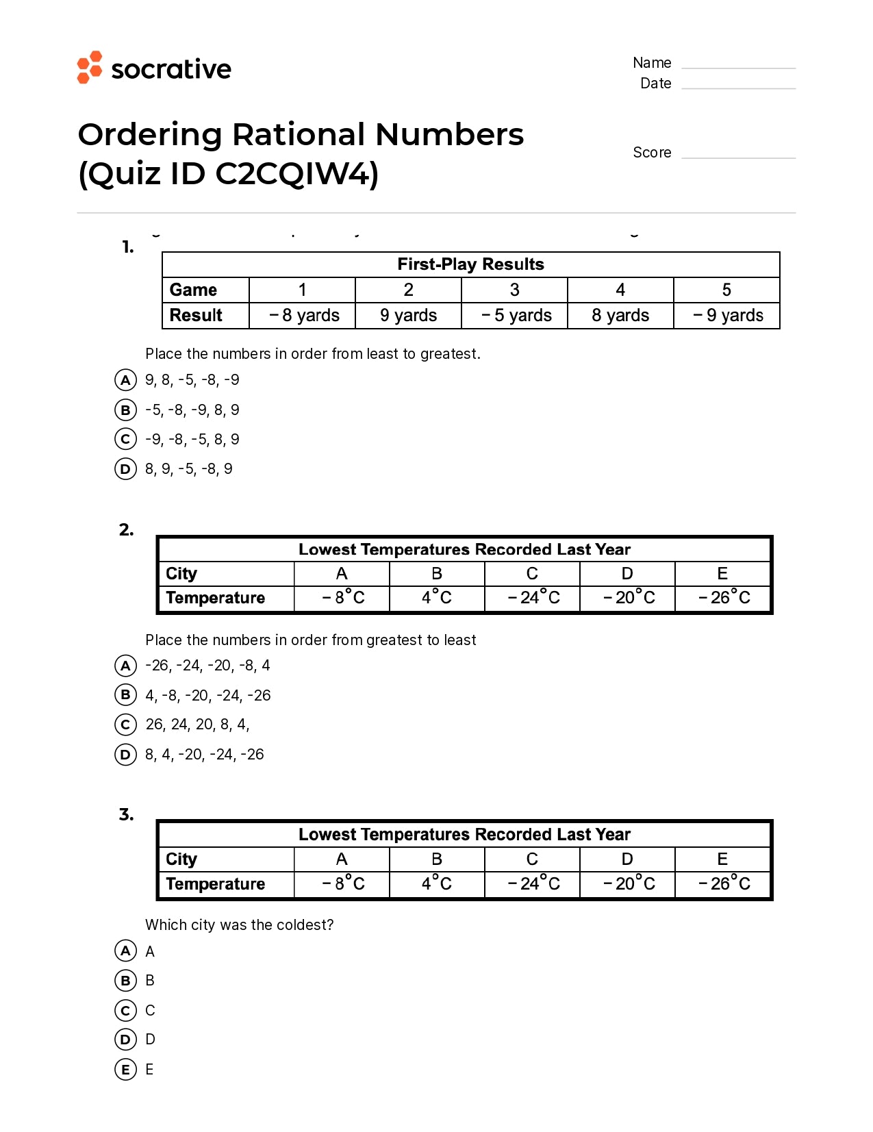 Ordering Rational Numbers