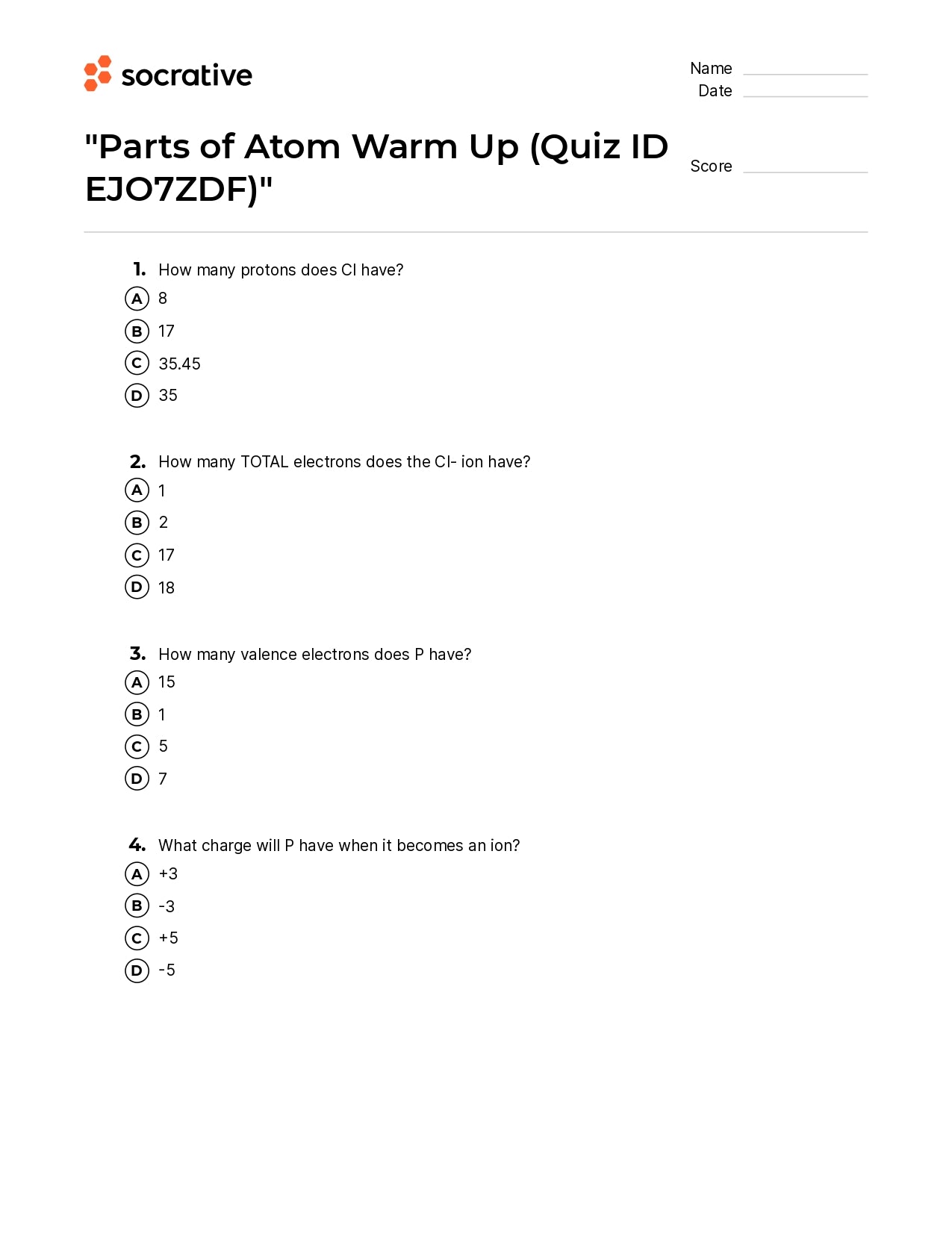 Parts Of Atom Warm Up