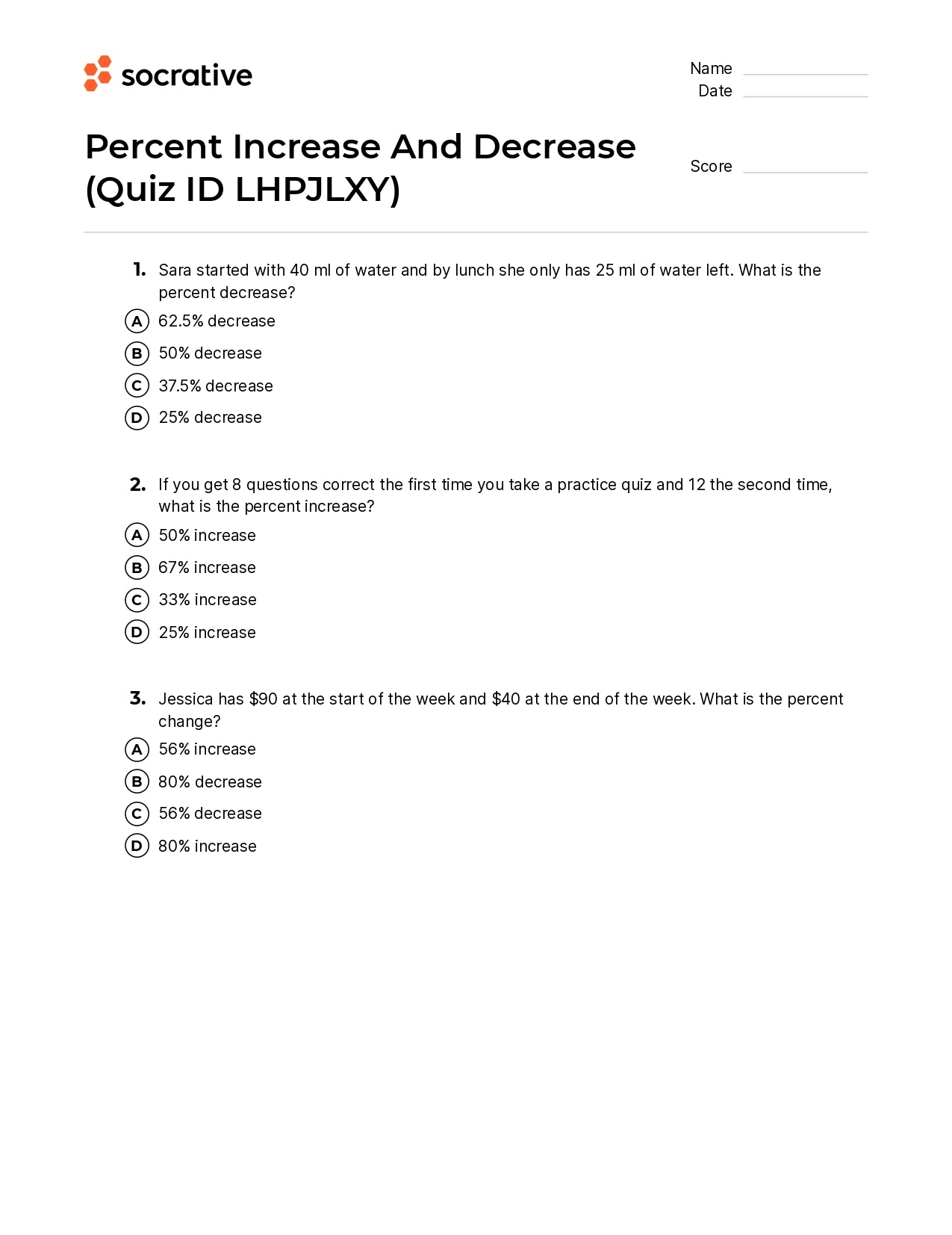 Percent Increase And Decrease