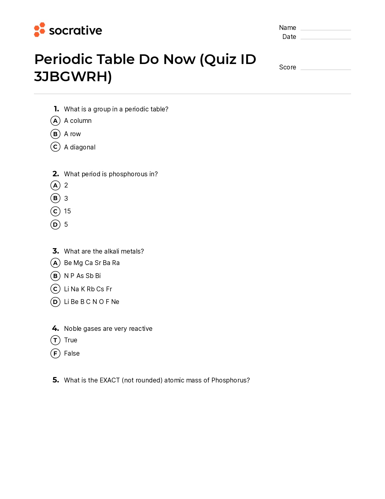Periodic Table Do Now