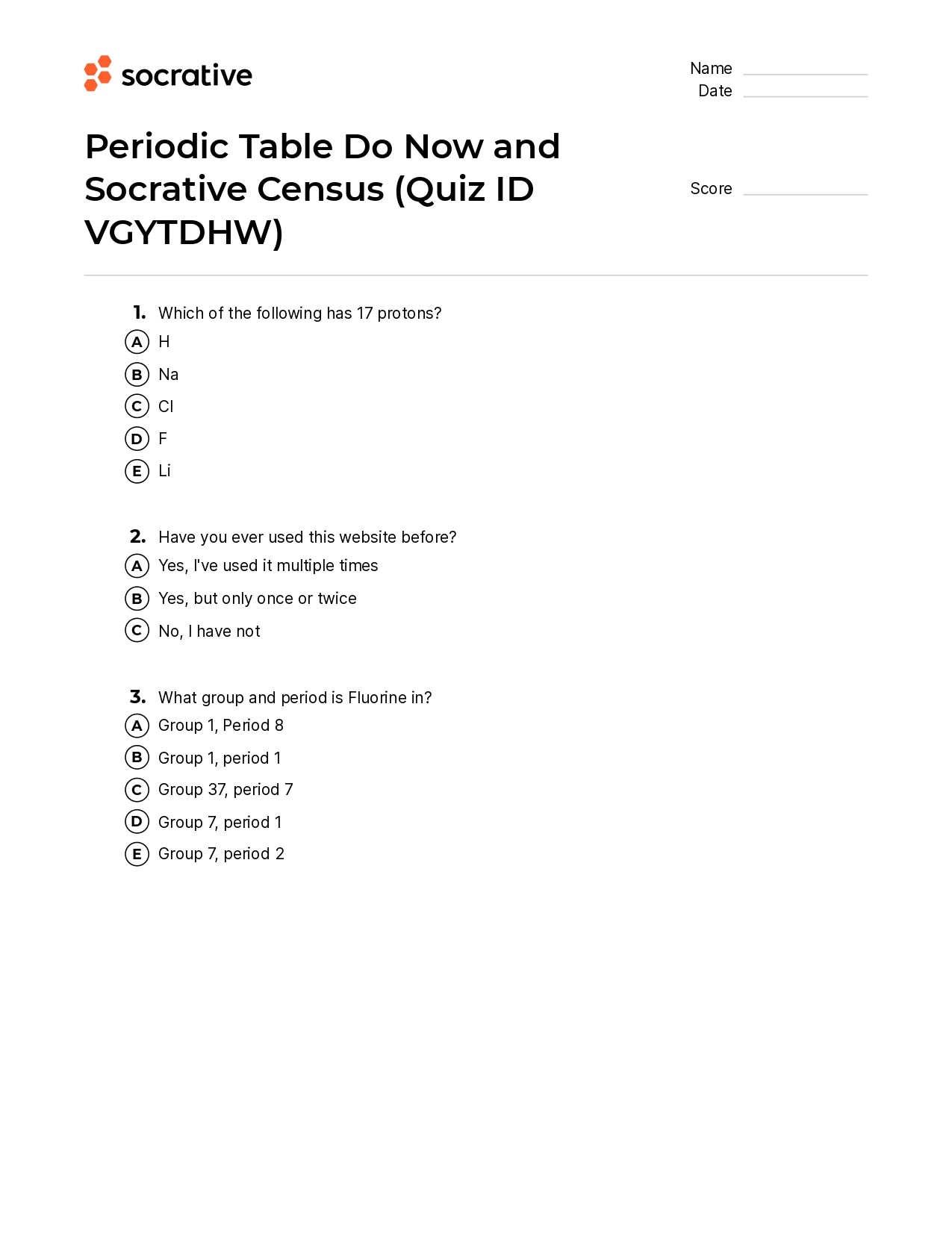 Periodic Table Do Now And Socrative Census