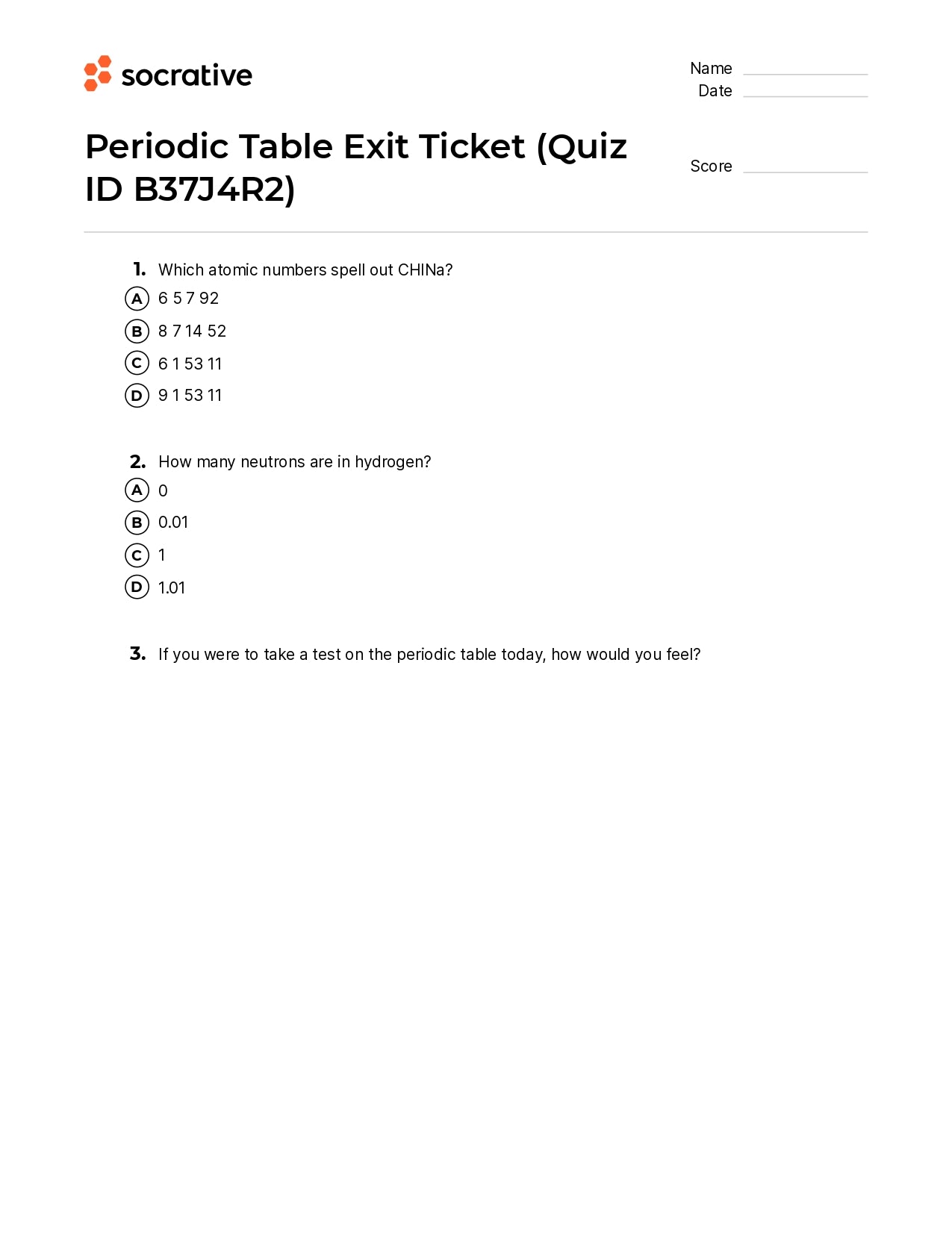 Periodic Table Exit Ticket